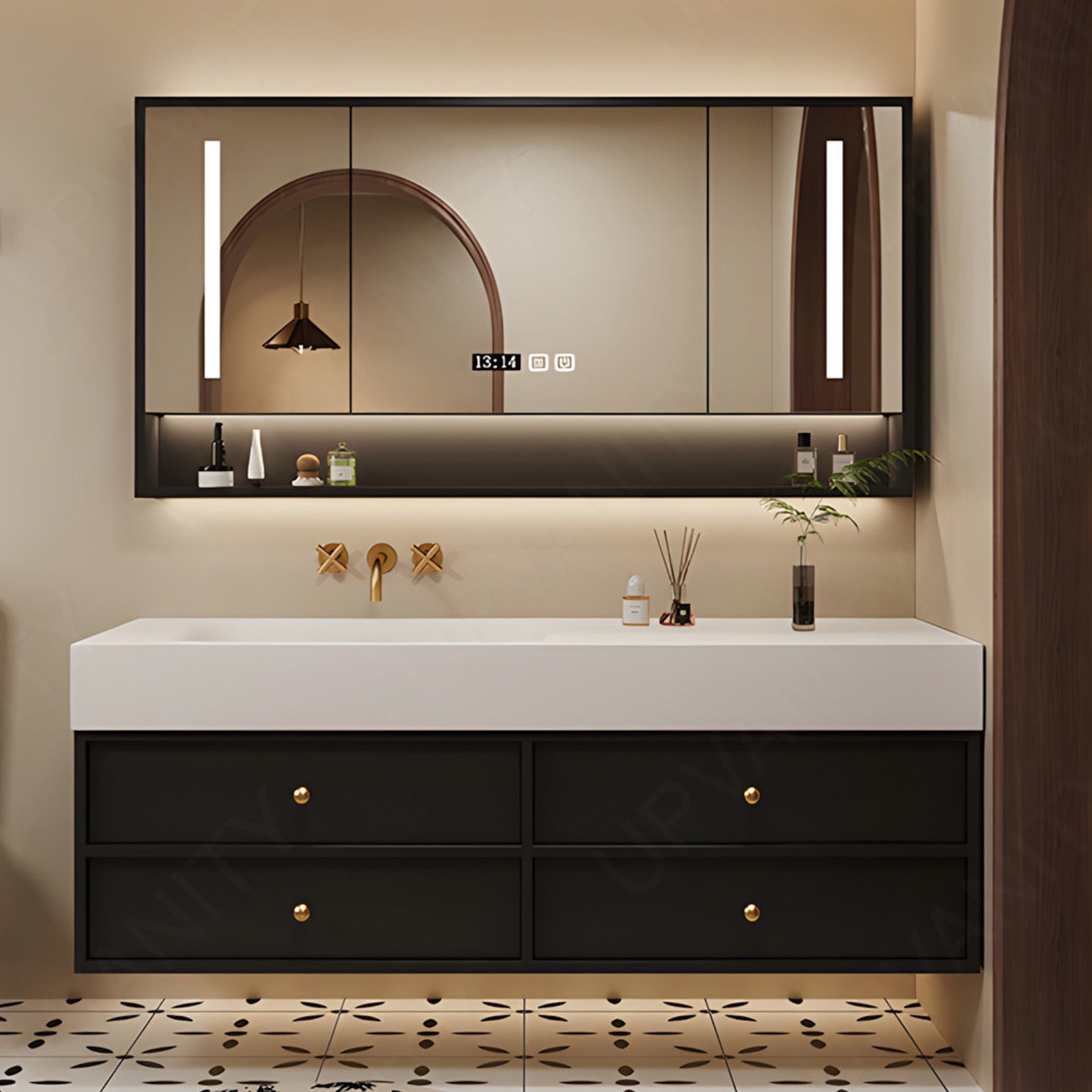 Modern Bath Vanity Set, Black, White Slate Top, 44"-64", Single, Floating, Open Storage, Smart LED Mirror, Rear Cabinet