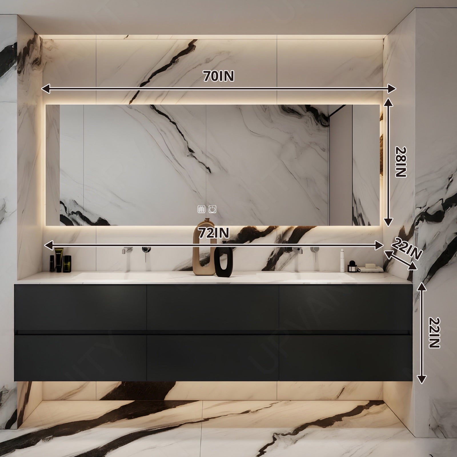 Modern Bath Vanity Set, Black, White Slate Top, 56"-78", Double Floating, Smart LED Mirror