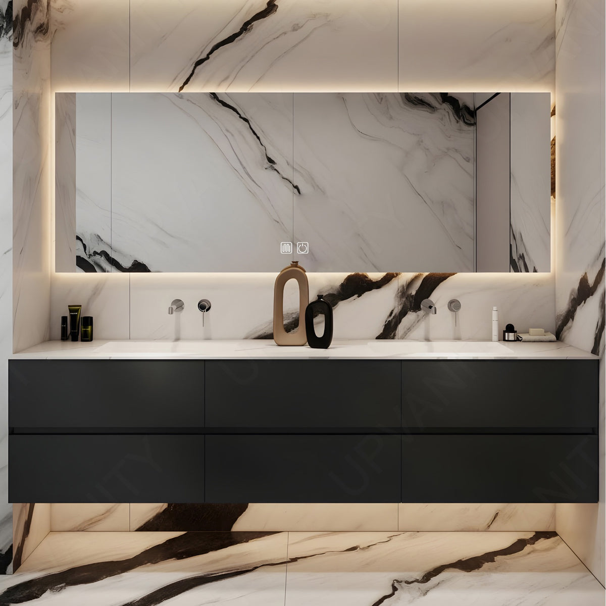 Modern Bath Vanity Set, Black, White Slate Top, 56"-78", Double Floating, Smart LED Mirror