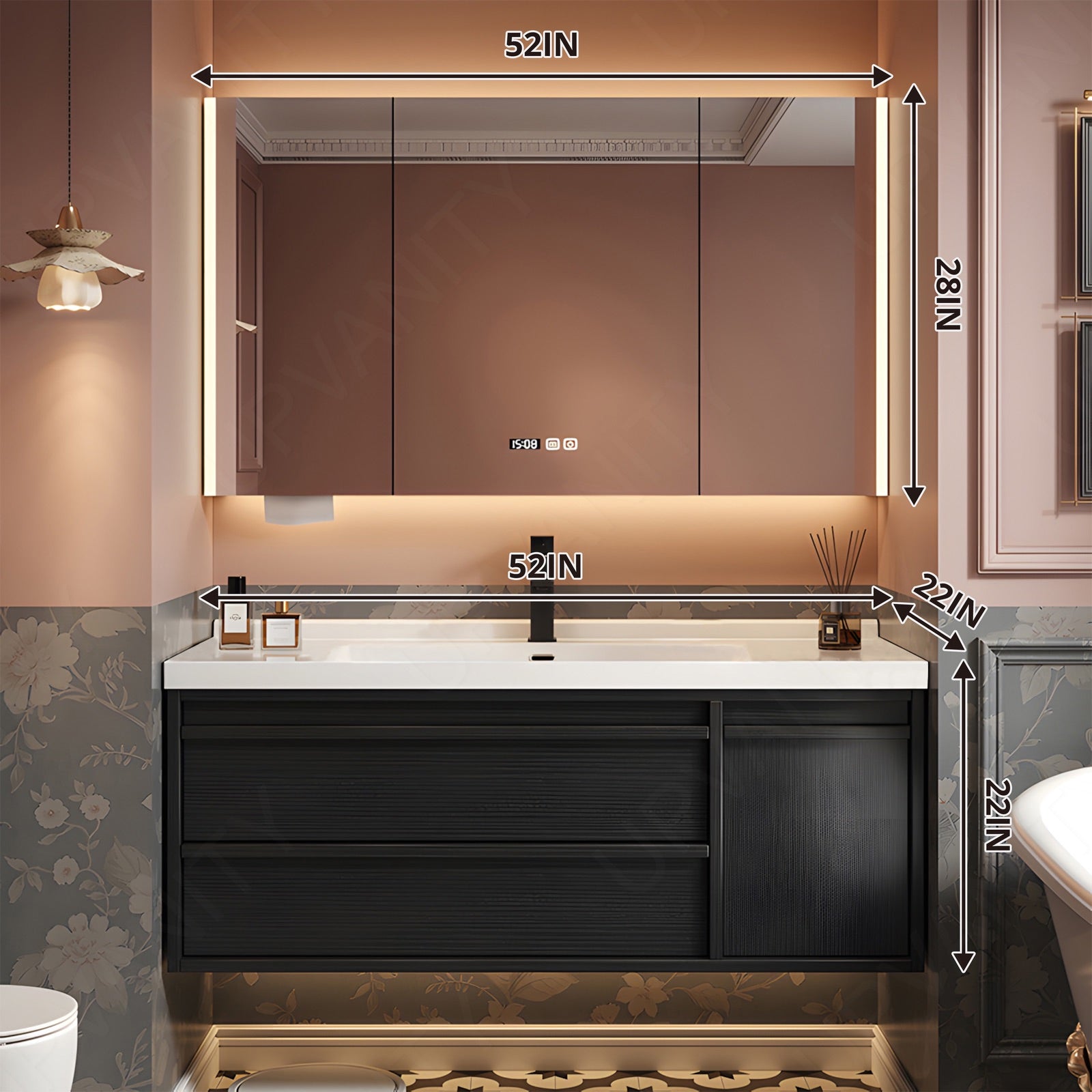 Modern Bath Vanity Set, Black, White Slate Top, Classic Panel, 40"-64", Single, Floating, Smart LED Mirror, Rear Cabinet