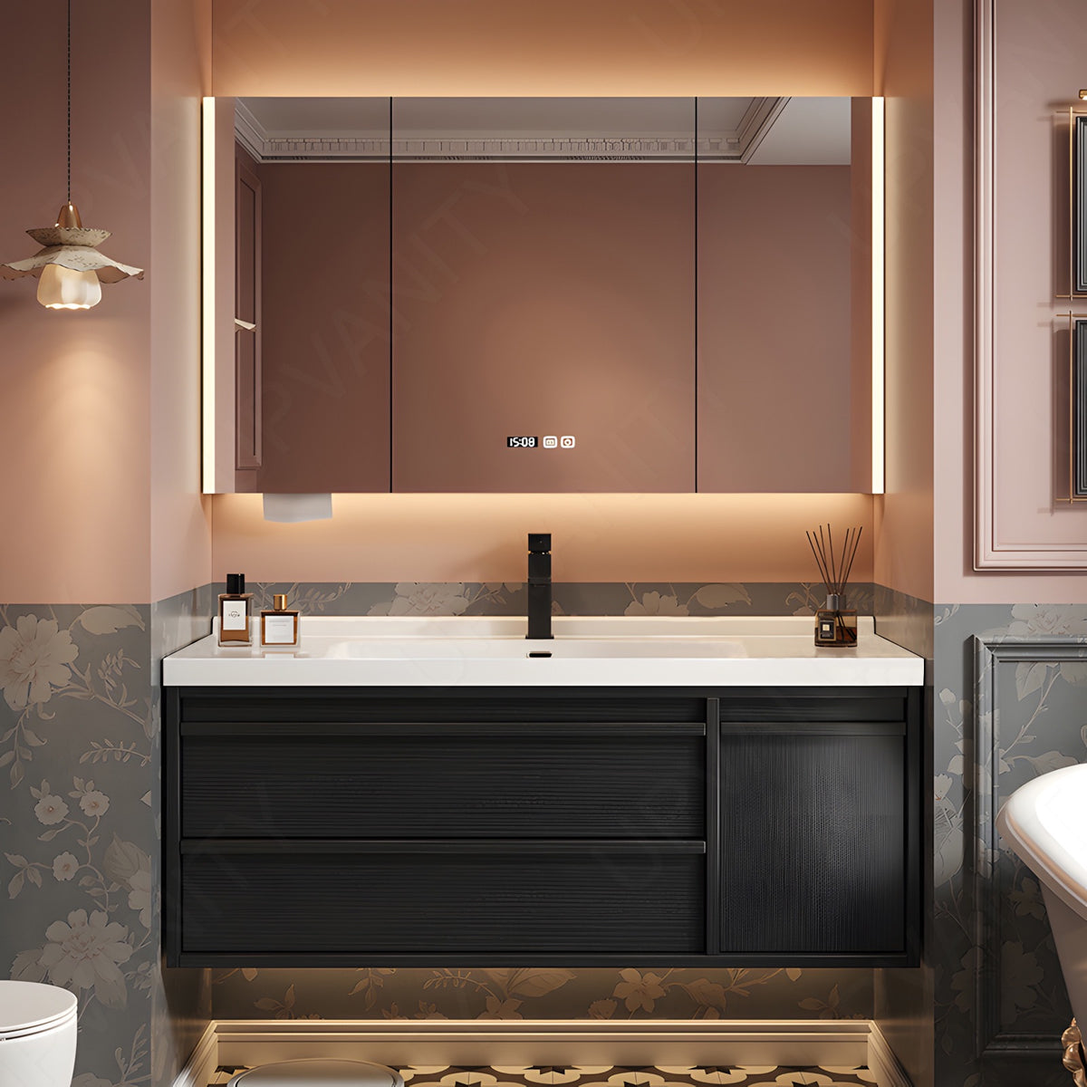 Modern Bath Vanity Set, Black, White Slate Top, Classic Panel, 40"-64", Single, Floating, Smart LED Mirror, Rear Cabinet