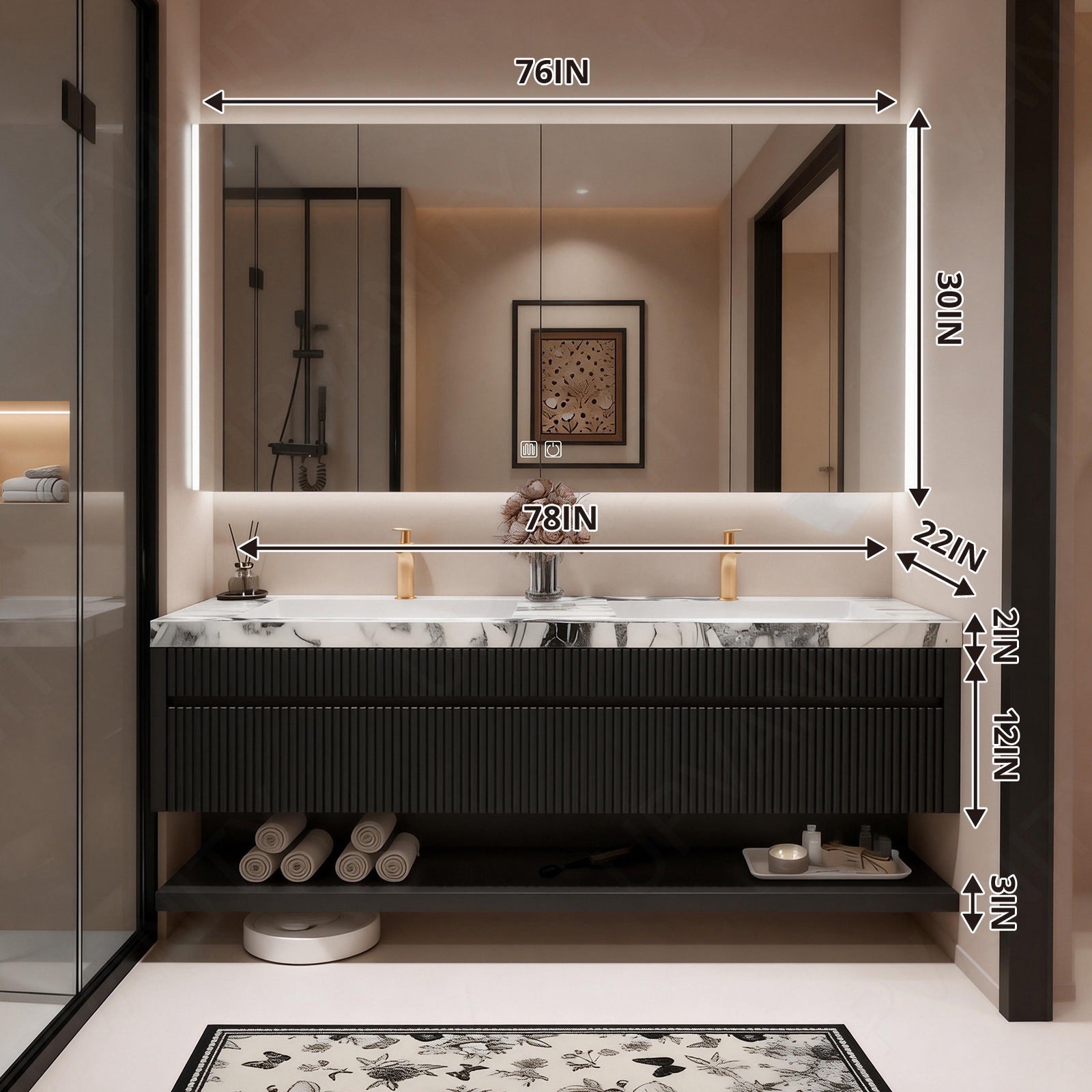 Modern Bath Vanity Set, Black, White Slate Top, Fluted Panel, 56"-78", Double, Floating, Open Storage, Smart LED Mirror