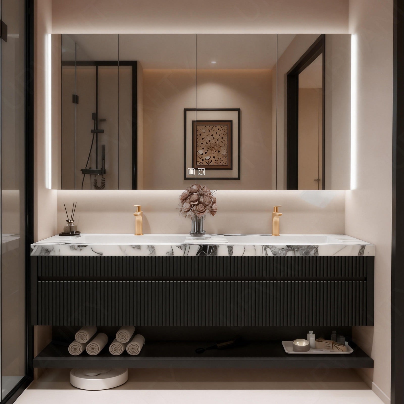 Modern Bath Vanity Set, Black, White Slate Top, Fluted Panel, 56"-78", Double, Floating, Open Storage, Smart LED Mirror