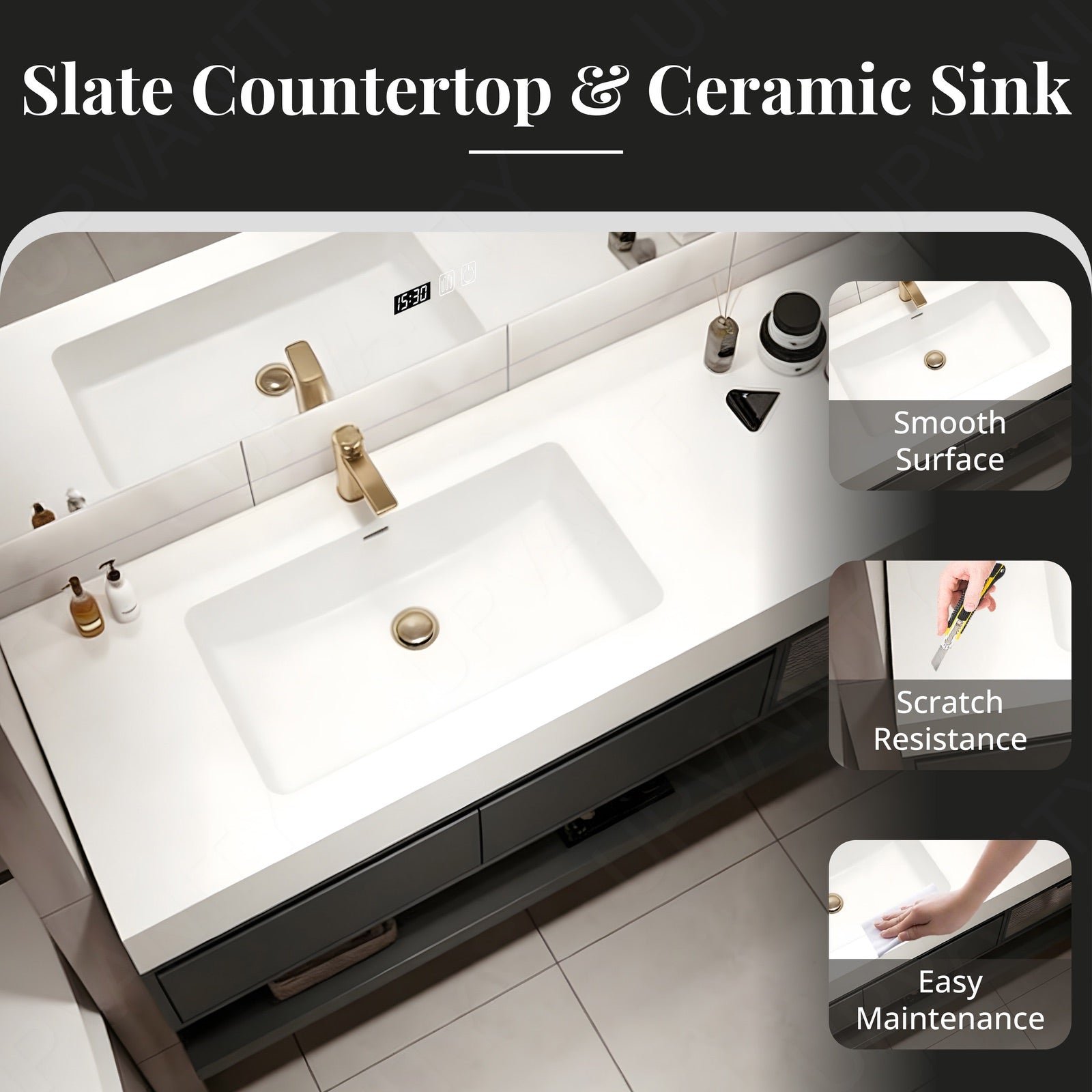 Modern Bath Vanity Set, Black, White Slate Top, Glass Door, 48"- 64", Single, Floating, Smart LED Mirror