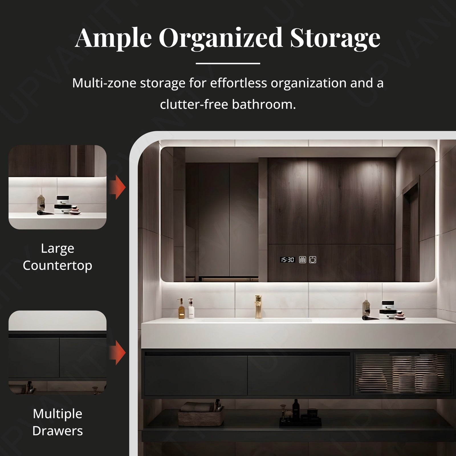 Modern Bath Vanity Set, Black, White Slate Top, Glass Door, 48"- 64", Single, Floating, Smart LED Mirror