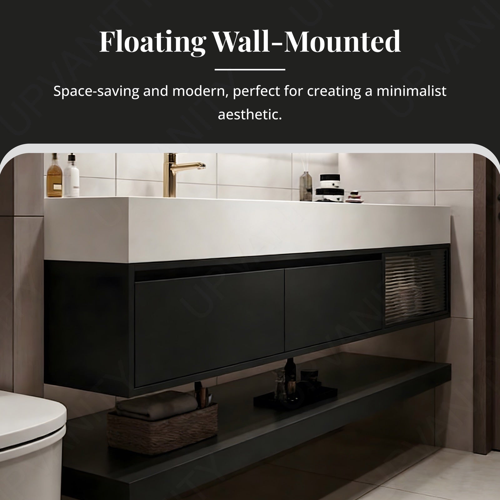 Modern Bath Vanity Set, Black, White Slate Top, Glass Door, 48"- 64", Single, Floating, Smart LED Mirror