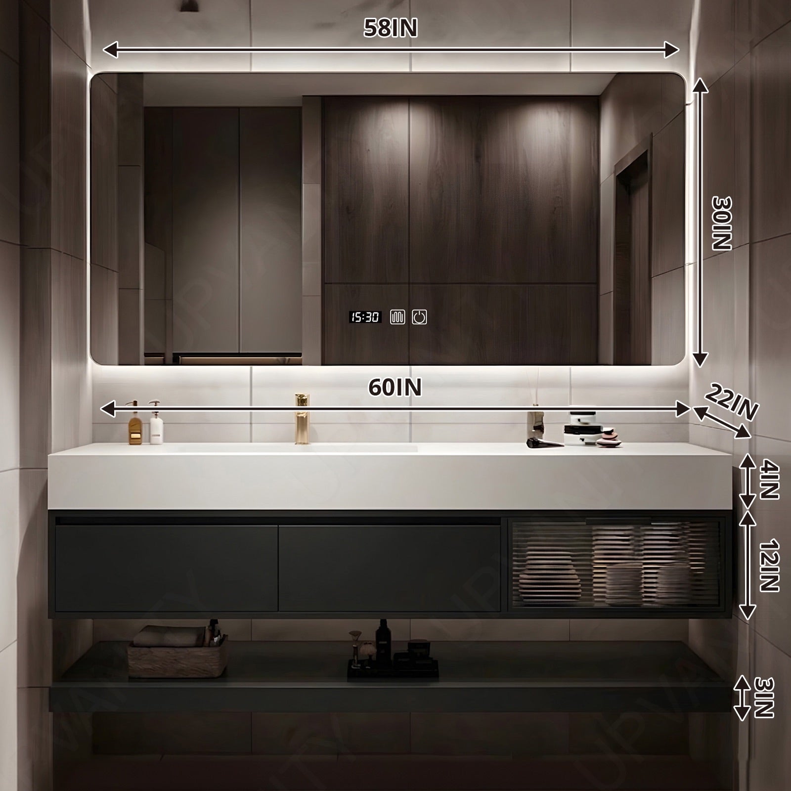 Modern Bath Vanity Set, Black, White Slate Top, Glass Door, 48"- 64", Single, Floating, Smart LED Mirror