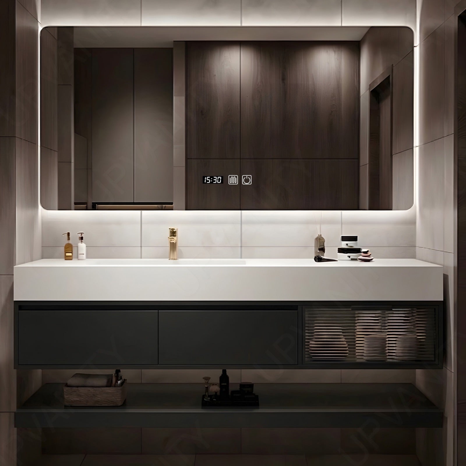 Modern Bath Vanity Set, Black, White Slate Top, Glass Door, 48"- 64", Single, Floating, Smart LED Mirror