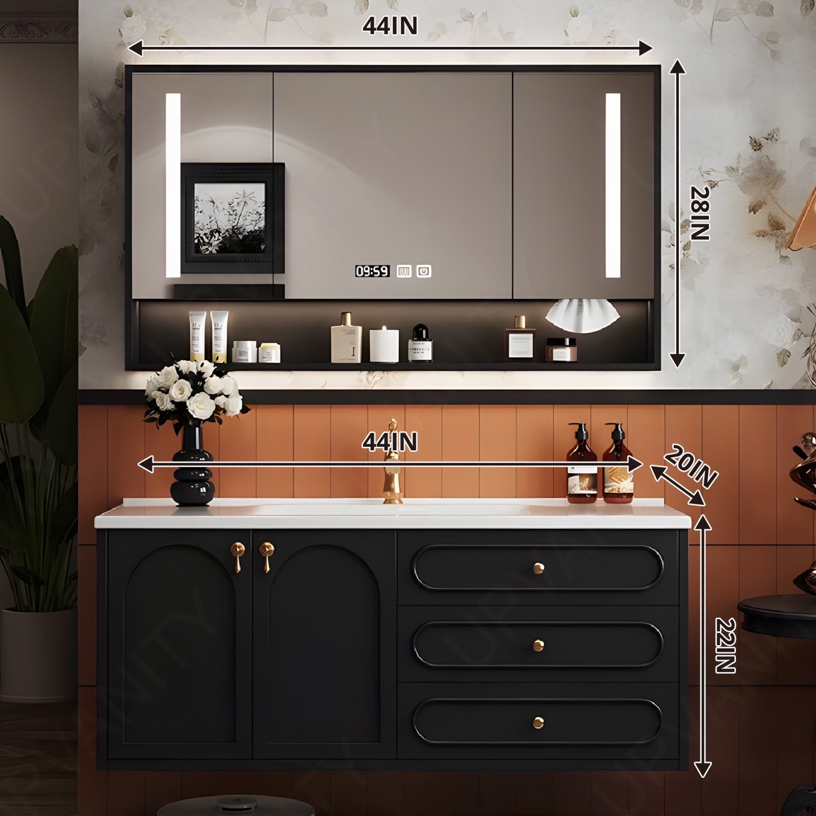 Modern Bath Vanity Set, Black, White Slate Top, Gold Accents, 40"-64", Single, Floating, Smart LED Mirror, Rear Cabinet