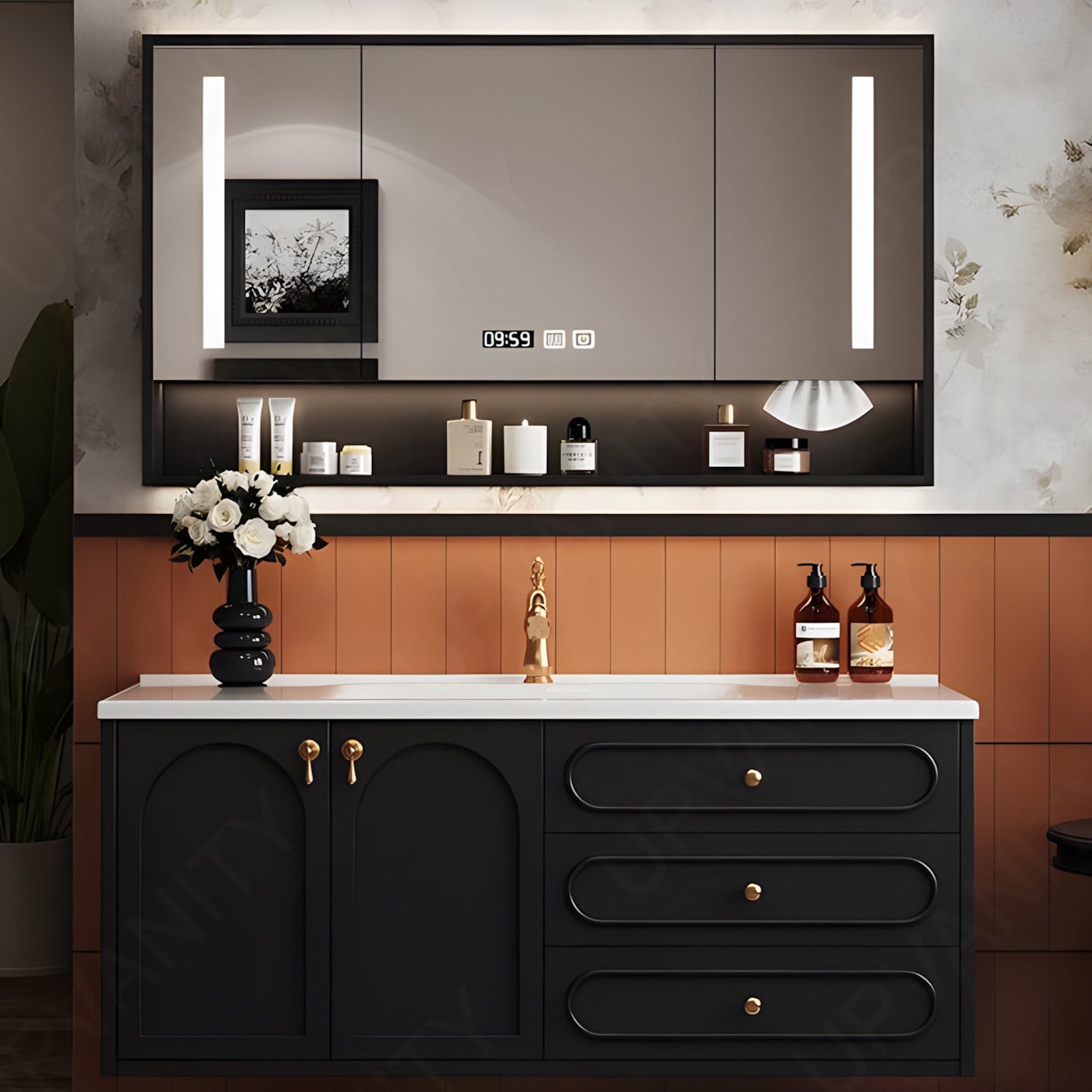 Modern Bath Vanity Set, Black, White Slate Top, Gold Accents, 40"-64", Single, Floating, Smart LED Mirror, Rear Cabinet