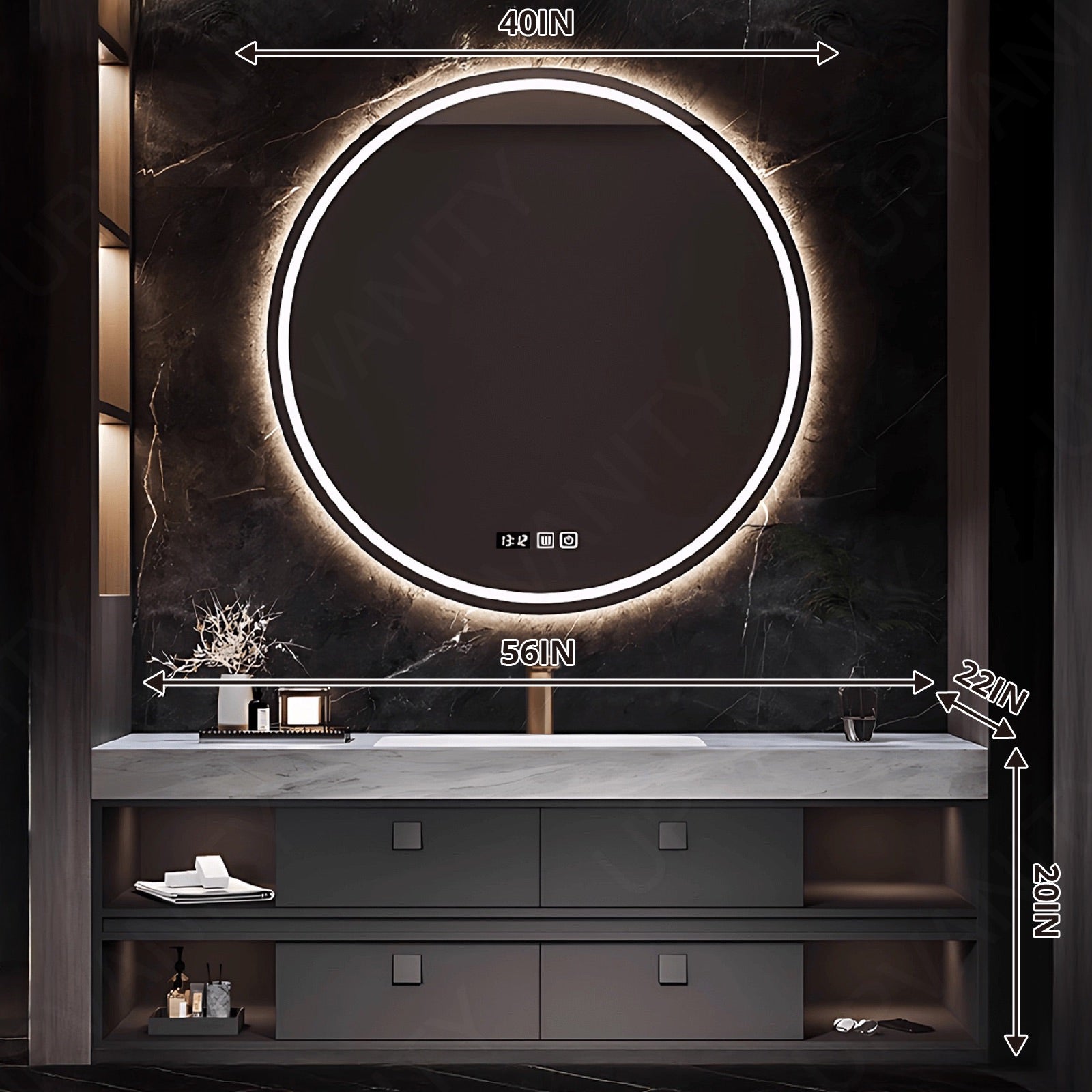 Modern Bath Vanity Set, Black, White Slate Top, Open Storage, 40"-64", Single, Floating, Round Smart Led Mirror