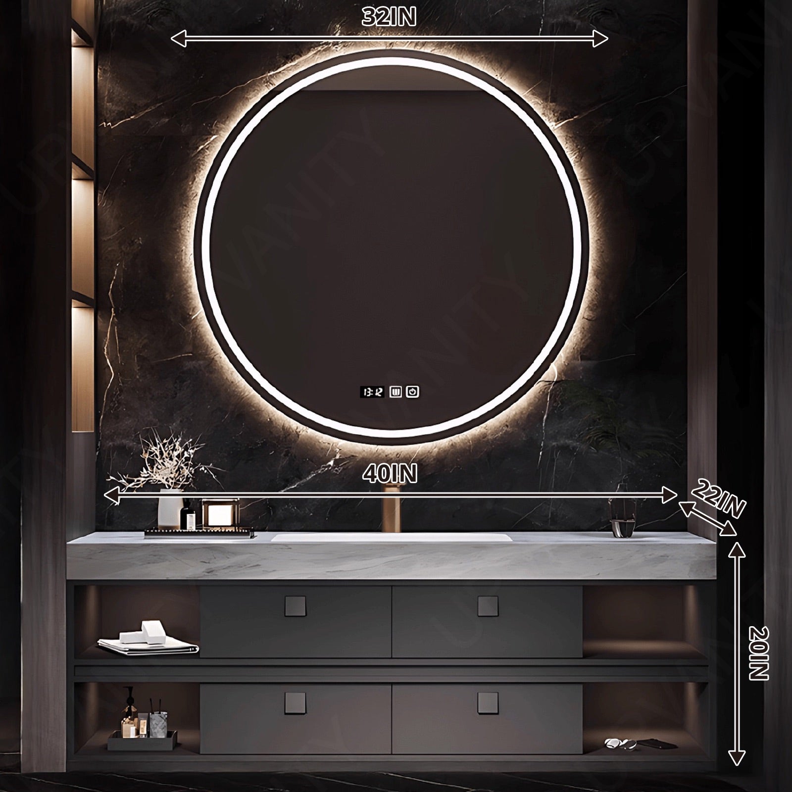 Modern Bath Vanity Set, Black, White Slate Top, Open Storage, 40"-64", Single, Floating, Round Smart Led Mirror