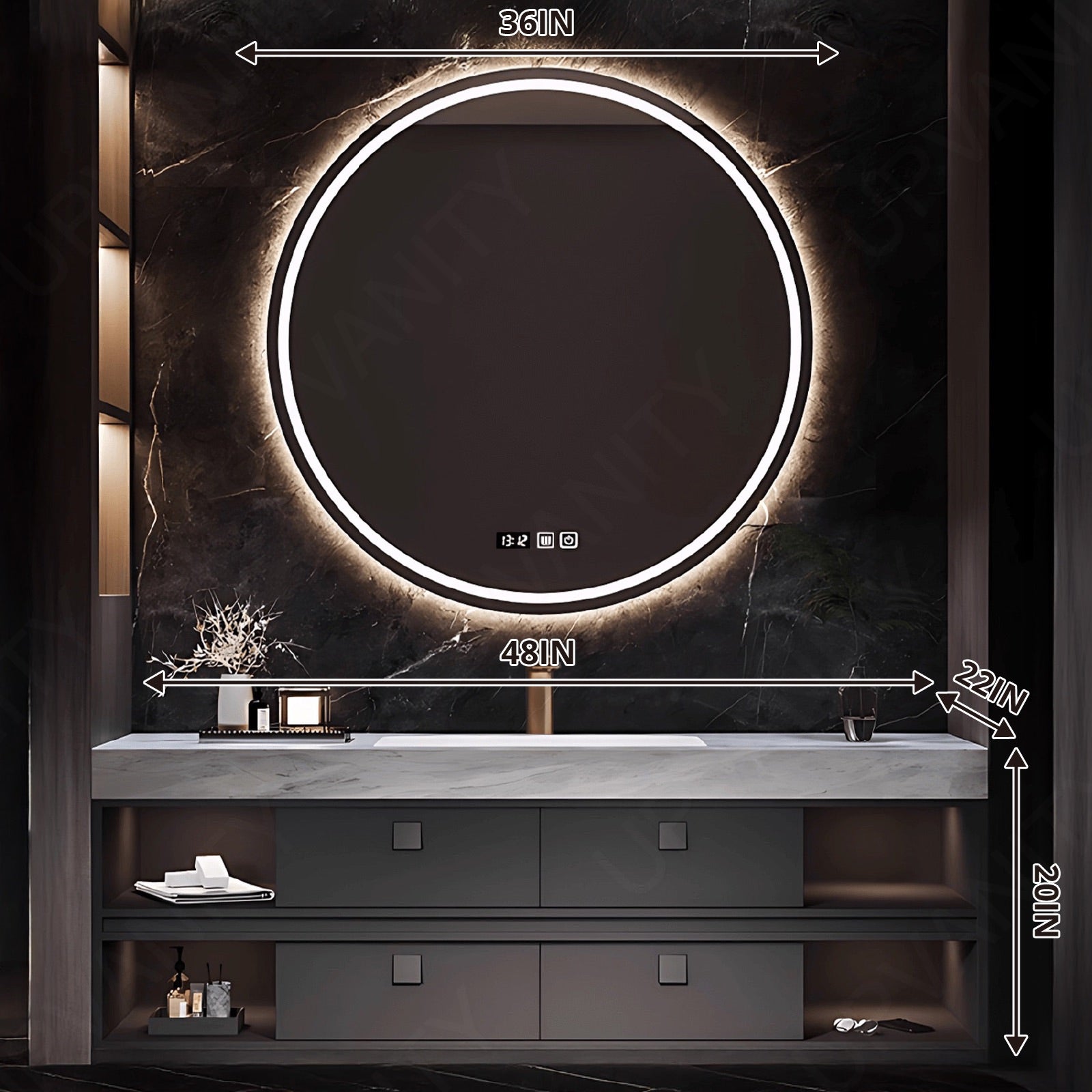 Modern Bath Vanity Set, Black, White Slate Top, Open Storage, 40"-64", Single, Floating, Round Smart Led Mirror