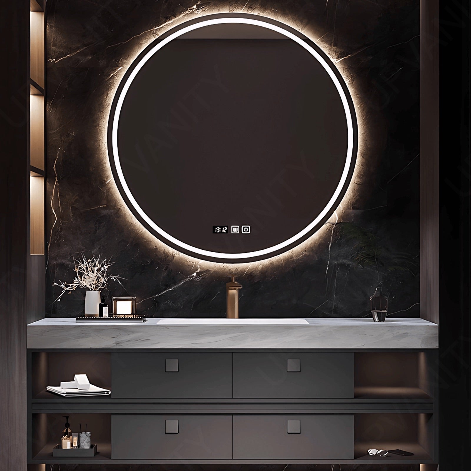 Modern Bath Vanity Set, Black, White Slate Top, Open Storage, 40"-64", Single, Floating, Round Smart Led Mirror