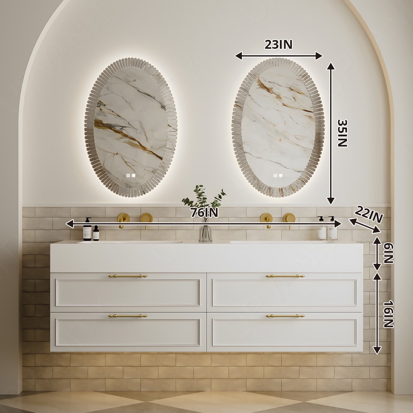 Modern Bath Vanity Set, Black/White, White Slate Top, 52"-78", Gold Accents, Double, Floating, Irregular Smart LED Mirror