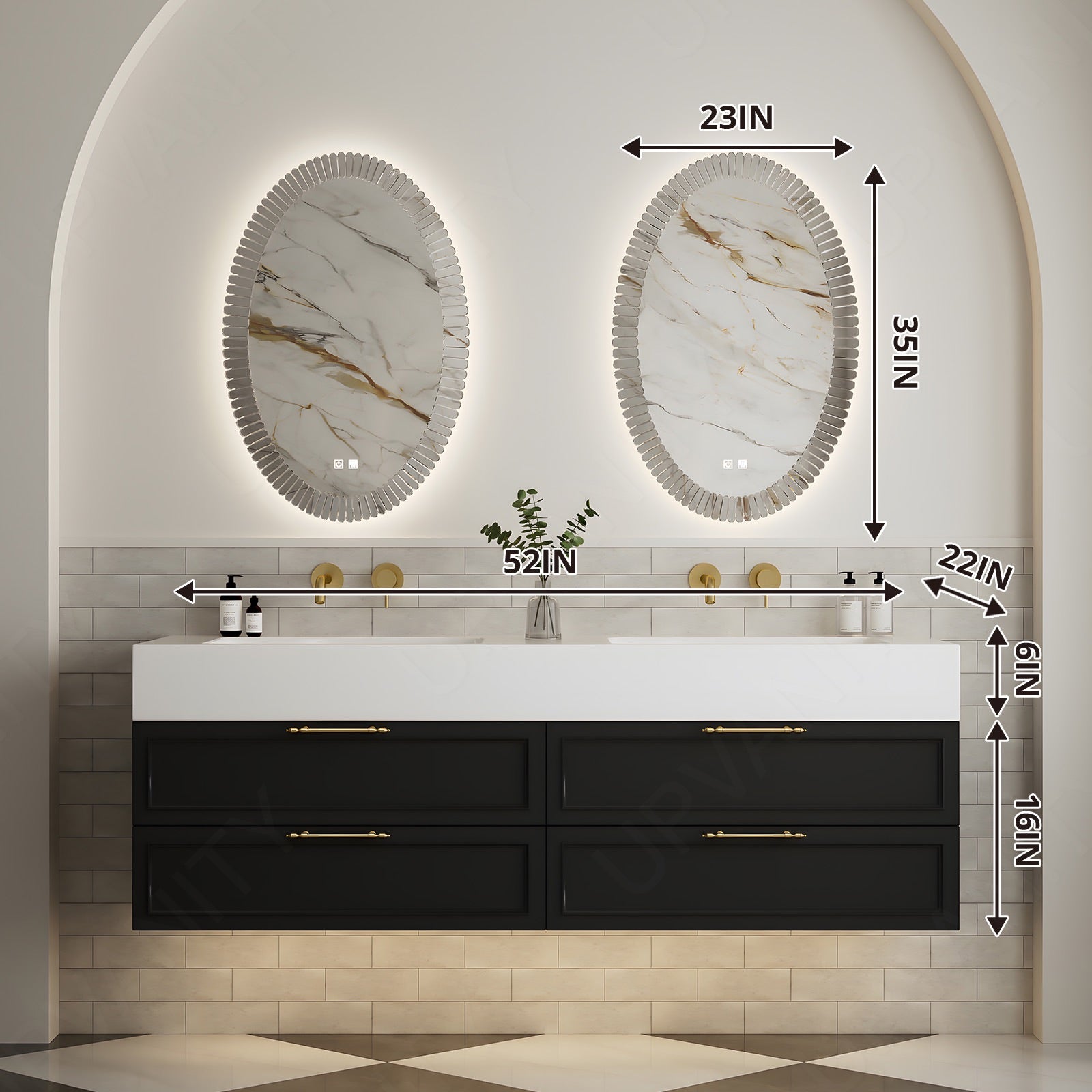 Modern Bath Vanity Set, Black/White, White Slate Top, 52"-78", Gold Accents, Double, Floating, Irregular Smart LED Mirror