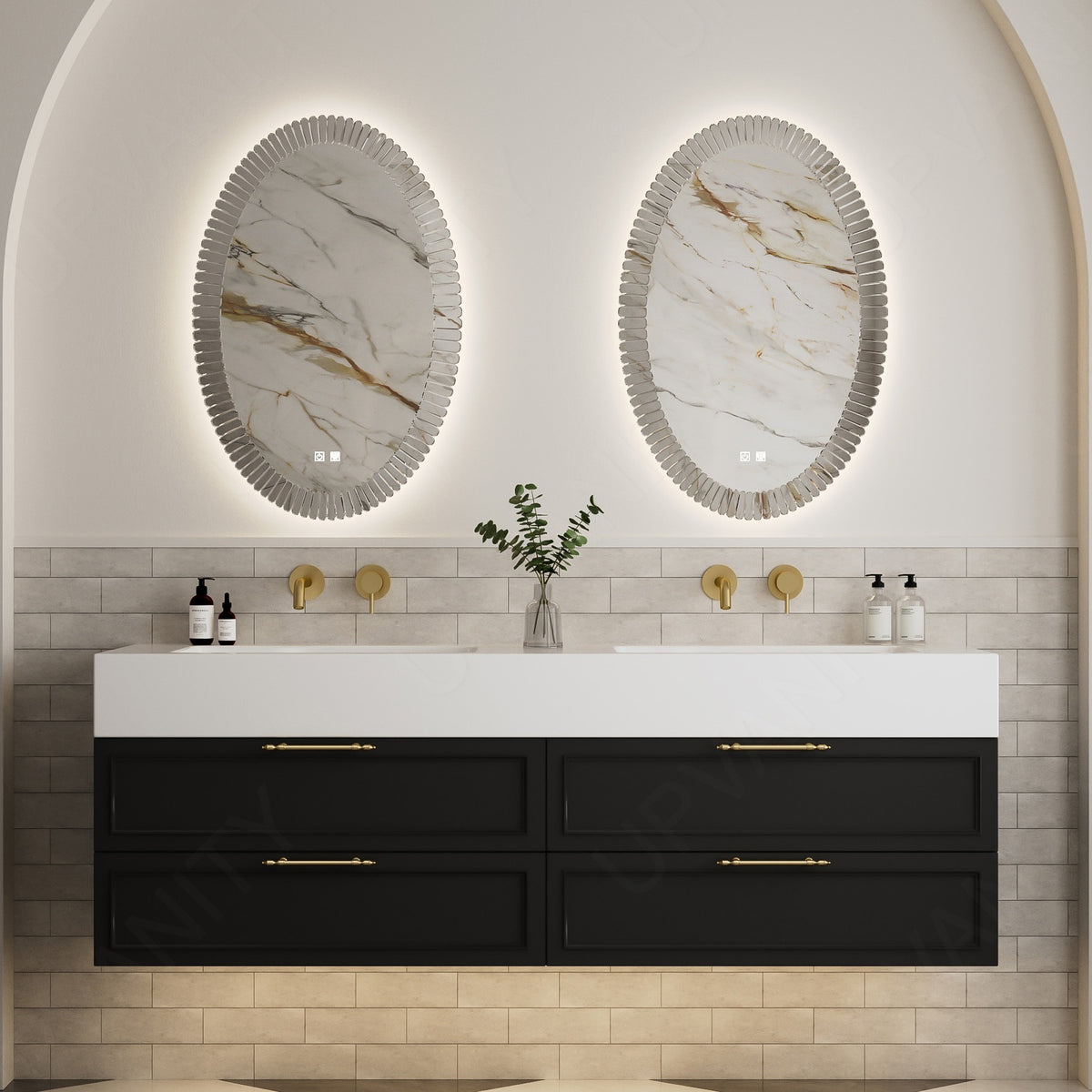 Modern Bath Vanity Set, Black/White, White Slate Top, 52"-78", Gold Accents, Double, Floating, Irregular Smart LED Mirror
