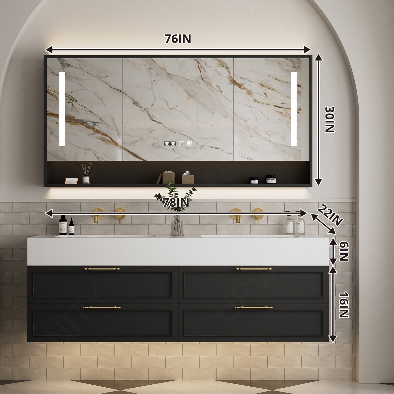 Modern Bath Vanity Set, Black/White, White Slate Top, Gold Accents, 52"-78", Double, Floating, Smart LED Mirror, Rear Cabinet