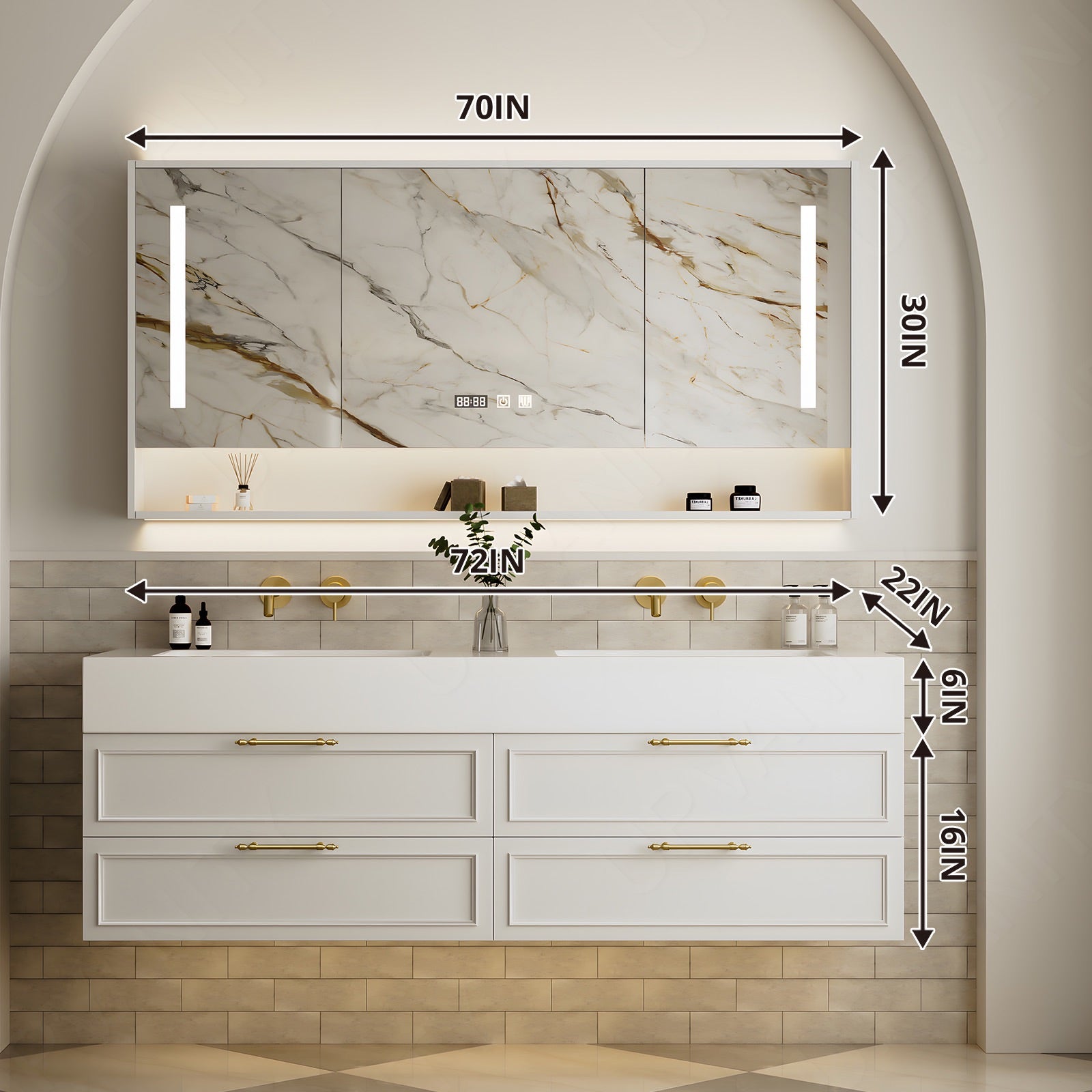 Modern Bath Vanity Set, Black/White, White Slate Top, Gold Accents, 52"-78", Double, Floating, Smart LED Mirror, Rear Cabinet