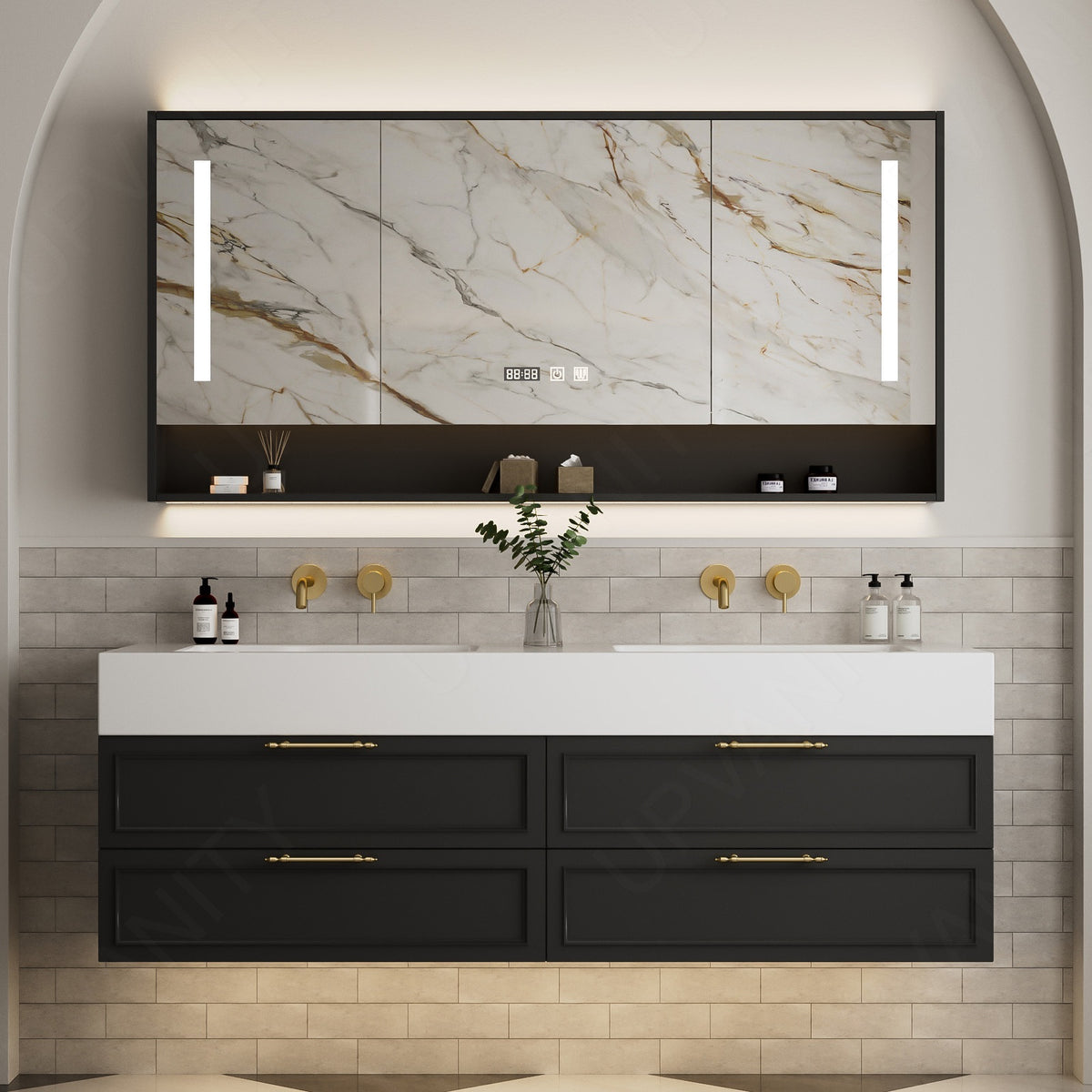 Modern Bath Vanity Set, Black/White, White Slate Top, Gold Accents, 52"-78", Double, Floating, Smart LED Mirror, Rear Cabinet