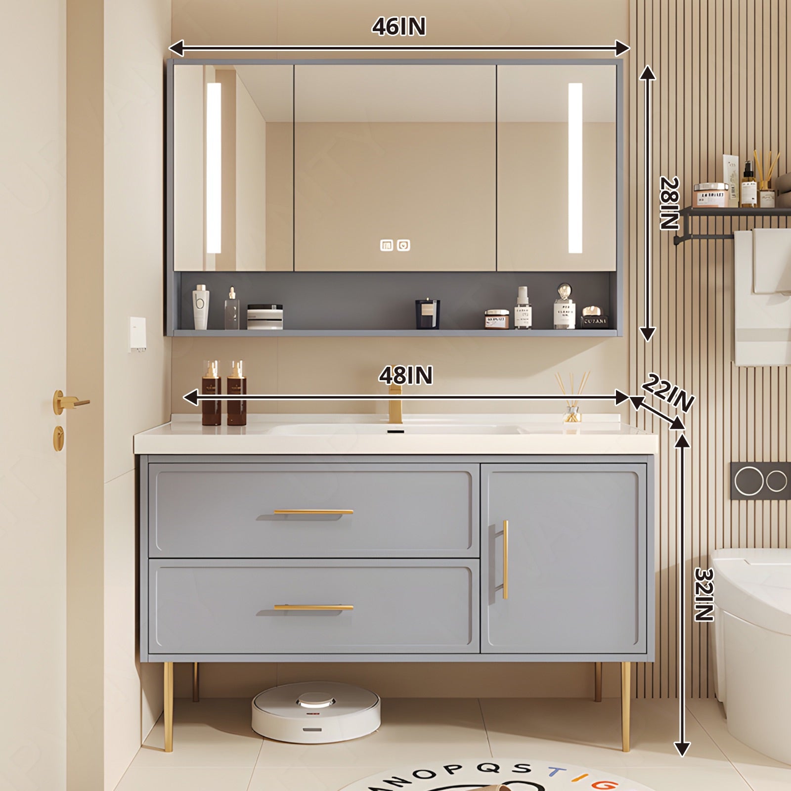 Modern Bath Vanity Set, Blue, Gold Accents, 40"-64", Single, Freestanding, Smart LED Mirror, Rear Cabinet
