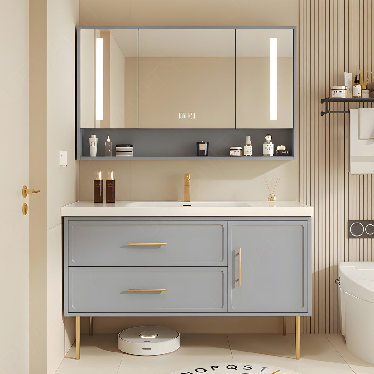 Modern Bath Vanity Set, Blue, Gold Accents, 40"-64", Single, Freestanding, Smart LED Mirror, Rear Cabinet