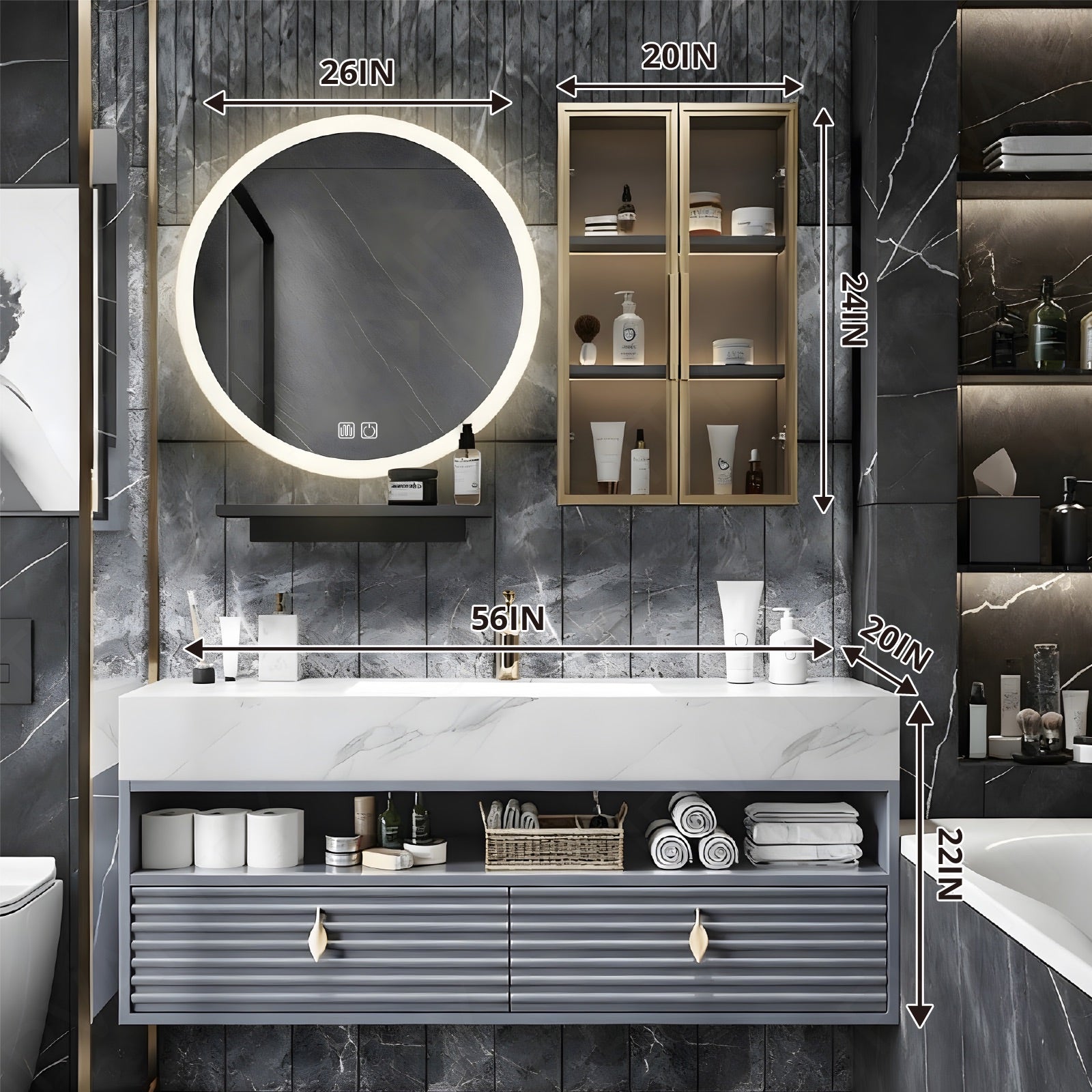 Modern Bath Vanity Set, Blue, Joint Marble Textured Top, 44"-64", Single, Floating, Open Storage, Round Smart LED Mirror, Side Cabinet