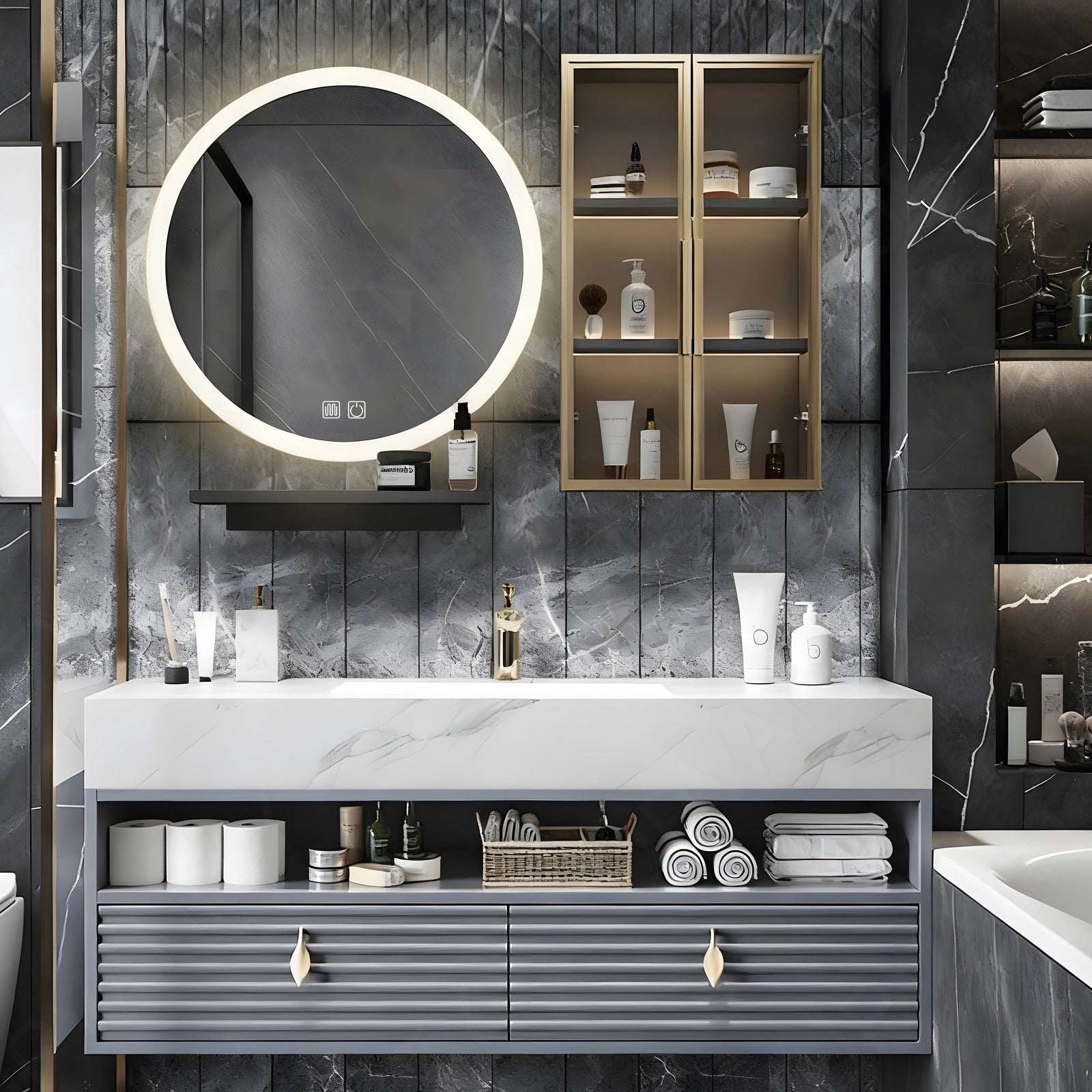 Modern Bath Vanity Set, Blue, Joint Marble Textured Top, 44"-64", Single, Floating, Open Storage, Round Smart LED Mirror, Side Cabinet