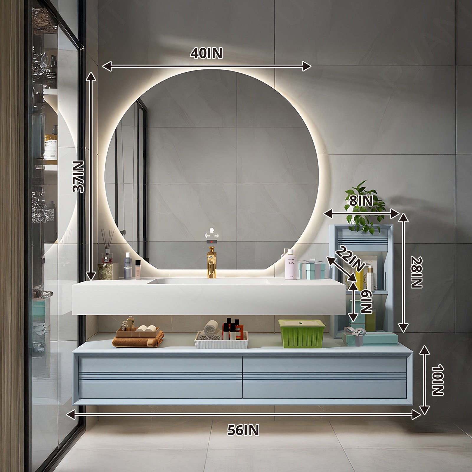 Modern Bath Vanity Set, Blue, Split White Top, 32"-72", Single, Floating, Open Storage, Round Smart LED Mirror