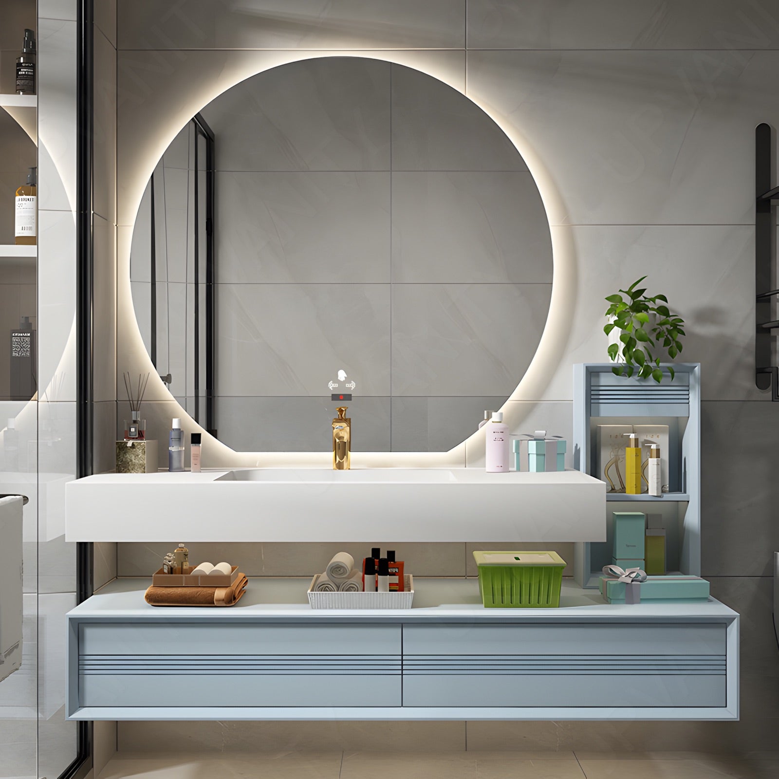 Modern Bath Vanity Set, Blue, Split White Top, 32"-72", Single, Floating, Open Storage, Round Smart LED Mirror