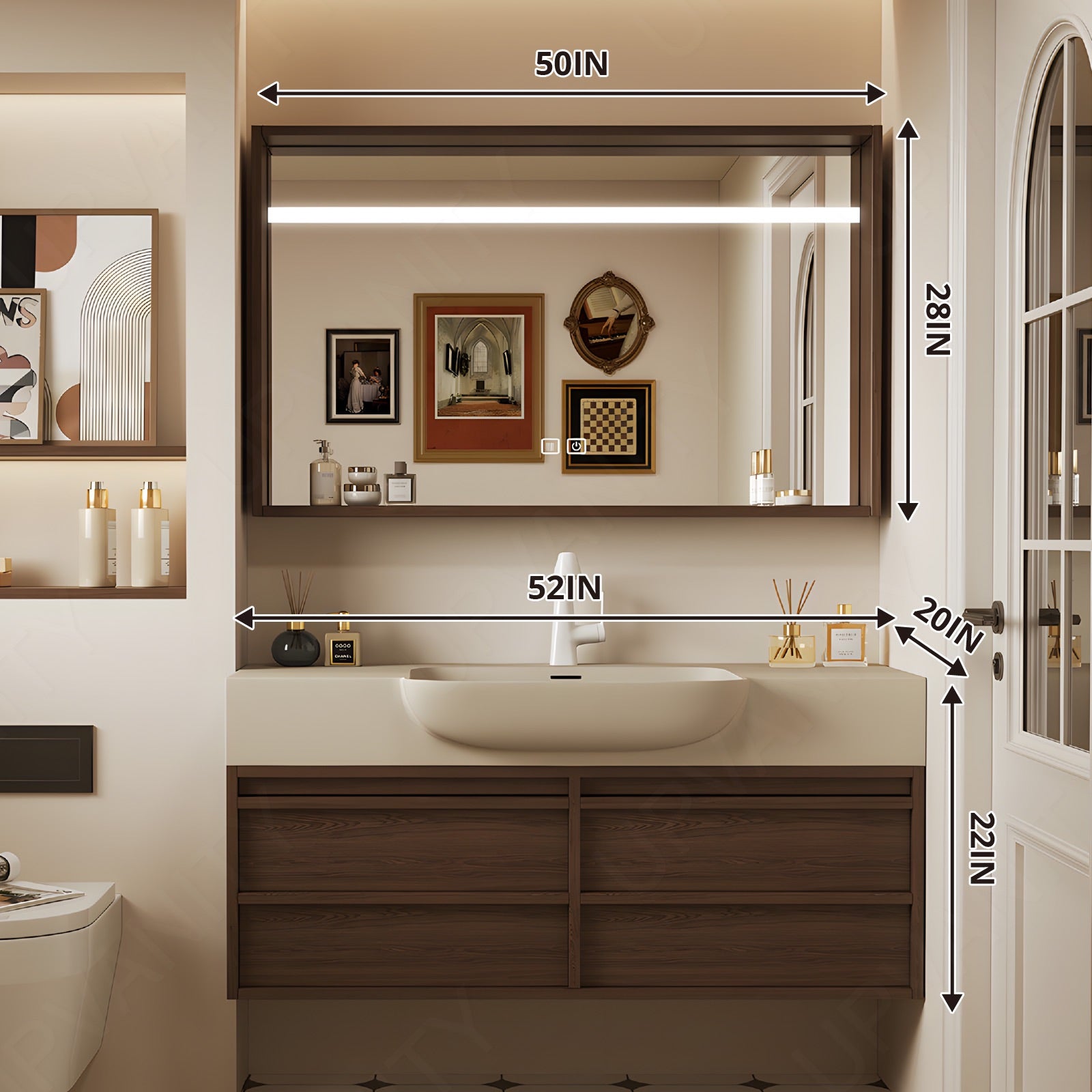 Modern Bath Vanity Set, Brown, Beige Slate Top, 32"-72", Single, Floating, Open Storage, Smart LED Mirror