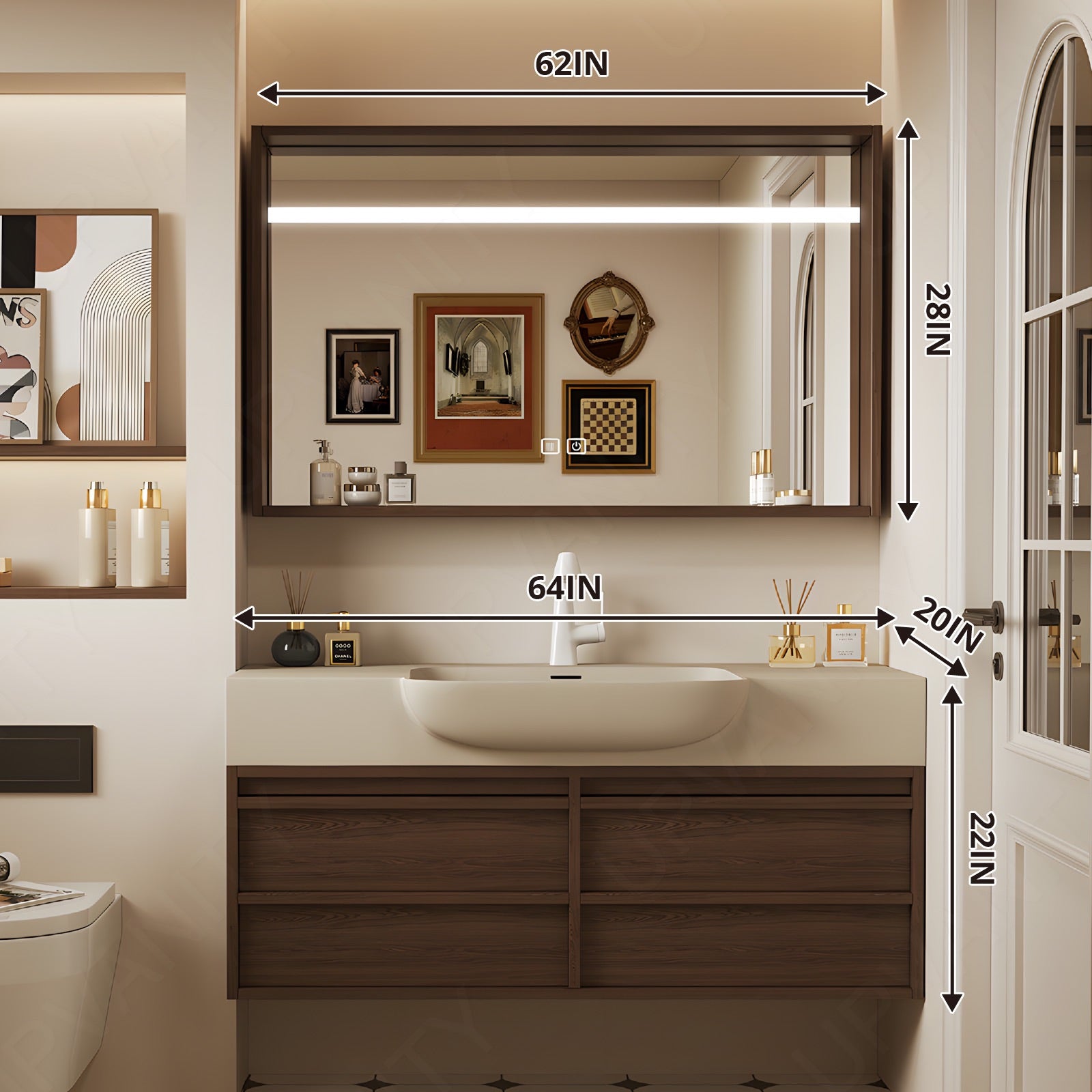 Modern Bath Vanity Set, Brown, Beige Slate Top, 32"-72", Single, Floating, Open Storage, Smart LED Mirror