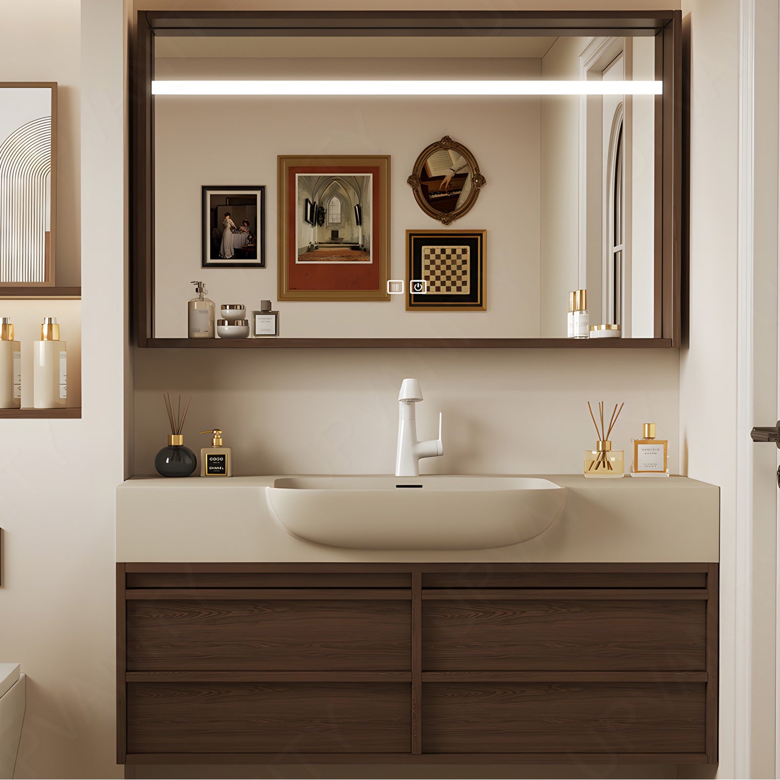 Modern Bath Vanity Set, Brown, Beige Slate Top, 32"-72", Single, Floating, Open Storage, Smart LED Mirror