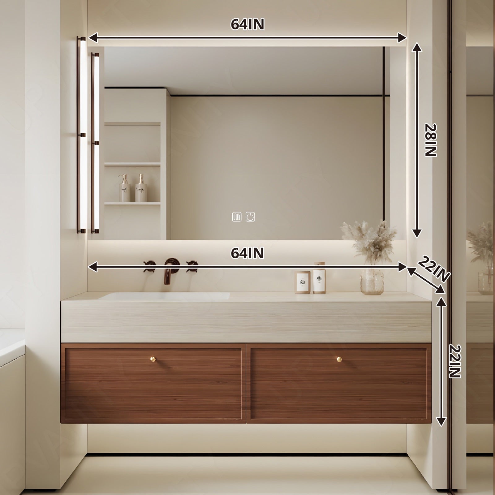 Modern Bath Vanity Set, Brown, Beige Slate Top, 40"-64", Single, Floating, Gold Accents, Smart LED Mirror