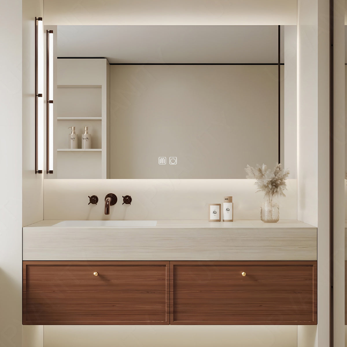 Modern Bath Vanity Set, Brown, Beige Slate Top, 40"-64", Single, Floating, Gold Accents, Smart LED Mirror