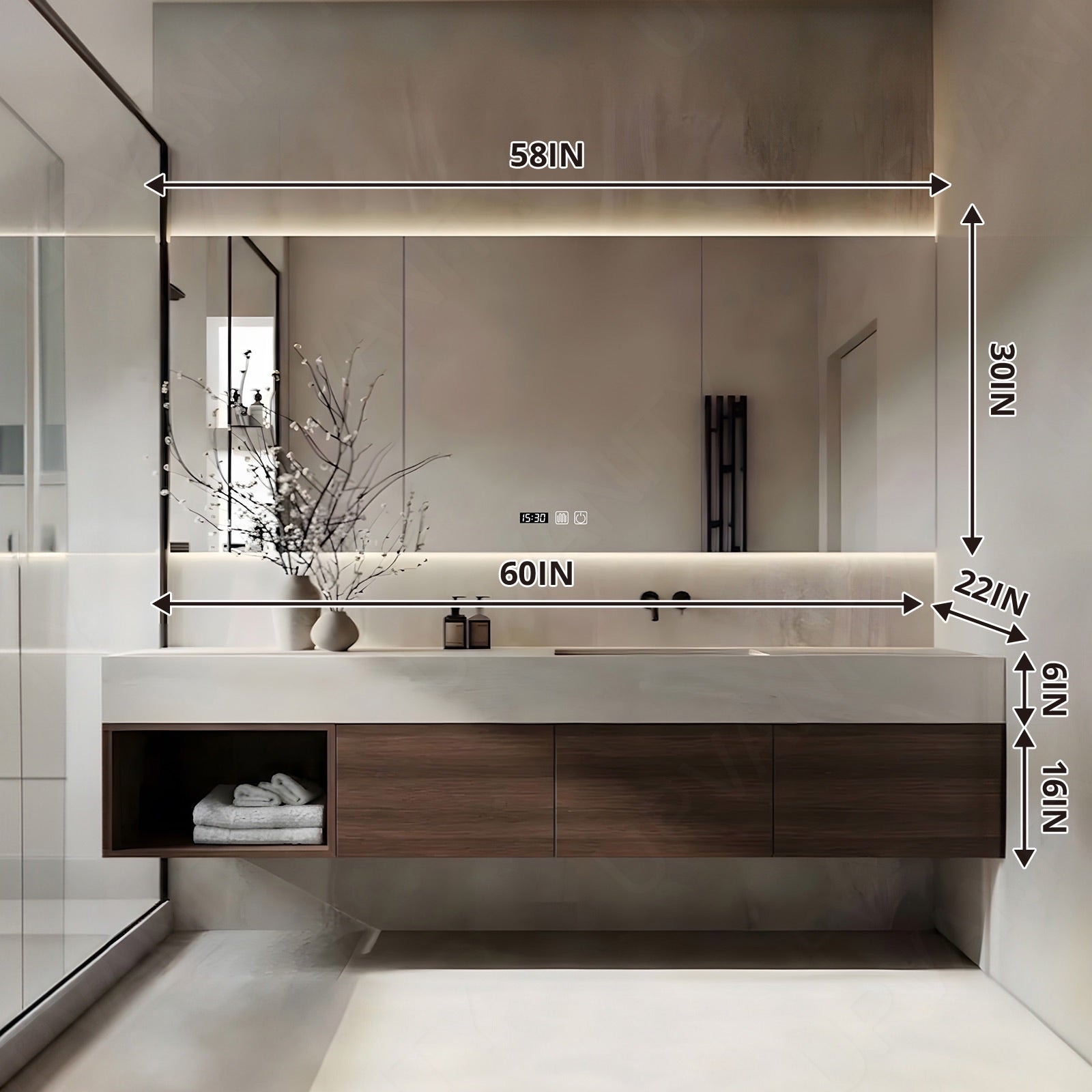 Modern Bath Vanity Set, Brown, Beige Slate Top, 40"-64", Single, Floating, Open Storage, Smart LED Mirror, Rear Cabinet