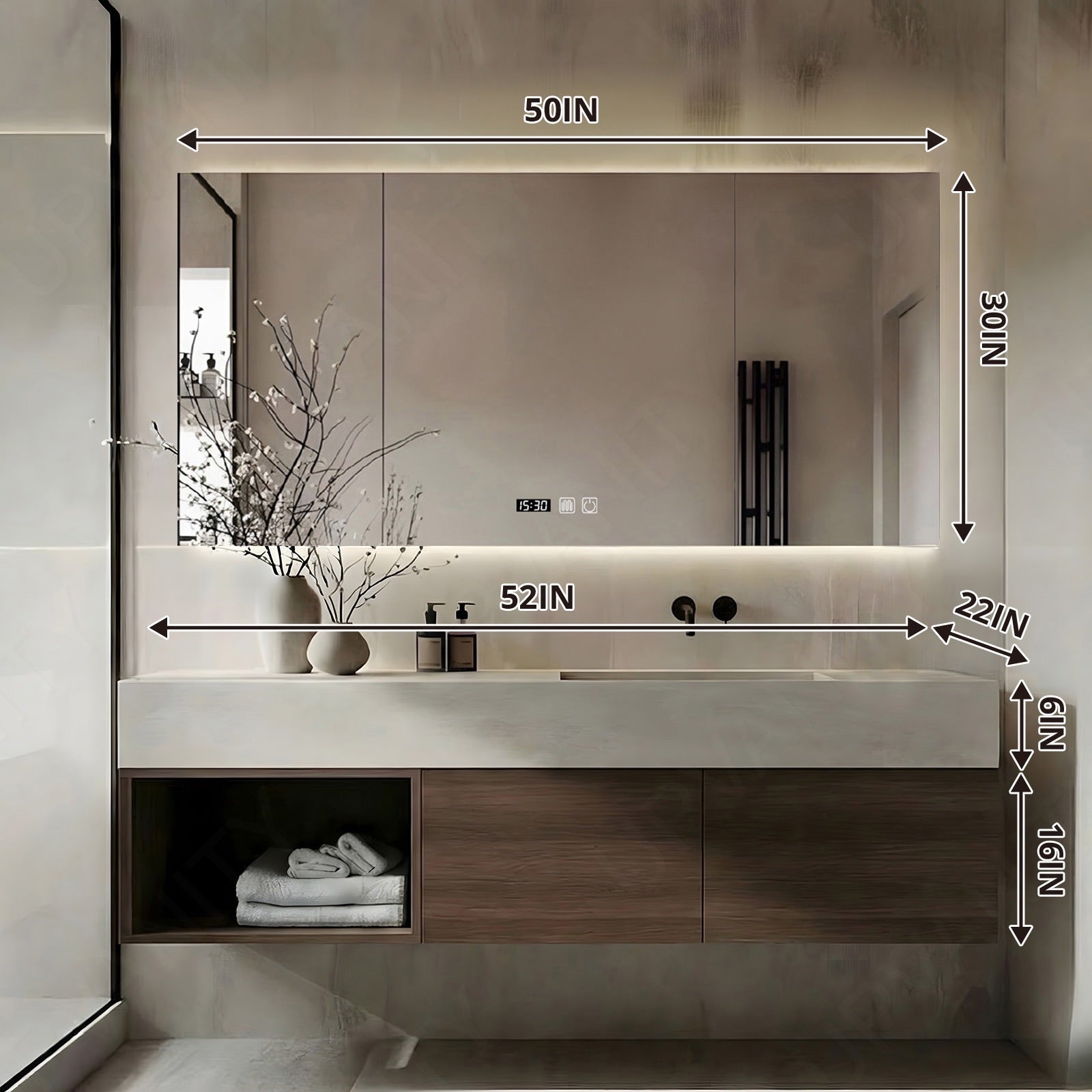 Modern Bath Vanity Set, Brown, Beige Slate Top, 40"-64", Single, Floating, Open Storage, Smart LED Mirror, Rear Cabinet