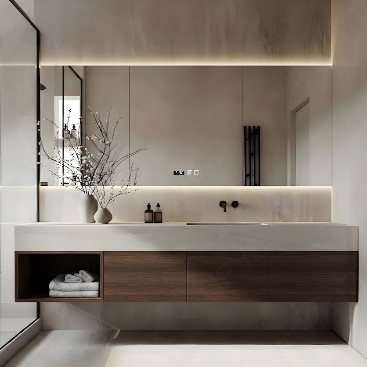 Modern Bath Vanity Set, Brown, Beige Slate Top, 40"-64", Single, Floating, Open Storage, Smart LED Mirror, Rear Cabinet