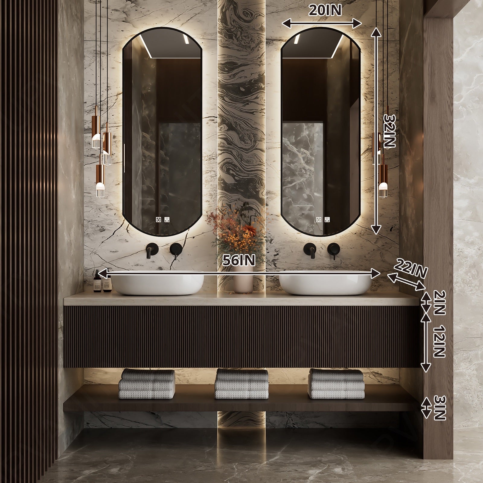 Modern Bath Vanity Set, Brown, Beige Slate Top, 52"-78", Double Vessel Sink, Floating, Fluted Panel, Open Storage, Dual Smart LED Mirror