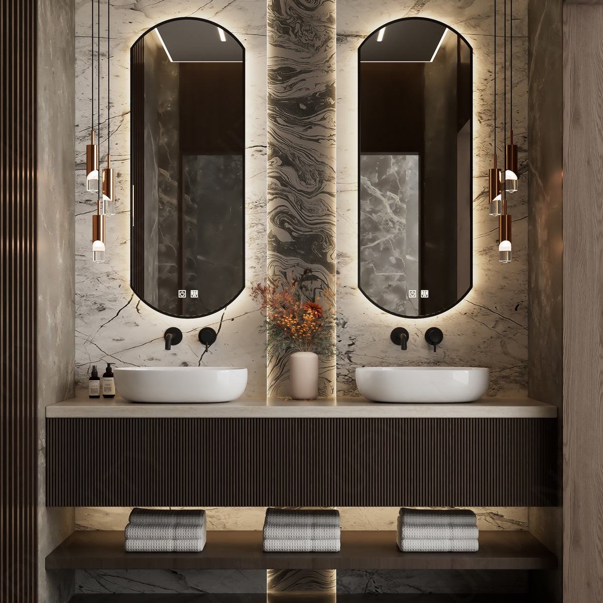 Modern Bath Vanity Set, Brown, Beige Slate Top, 52"-78", Double Vessel Sink, Floating, Fluted Panel, Open Storage, Dual Smart LED Mirror