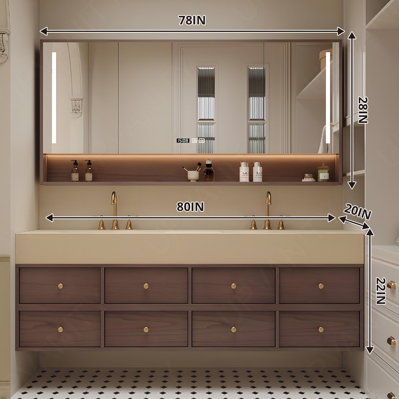 Modern Bath Vanity Set, Brown, Beige Slate Top, 80"-104", Double, Floating, Gold Accents, Smart LED Mirror, Rear Cabinet