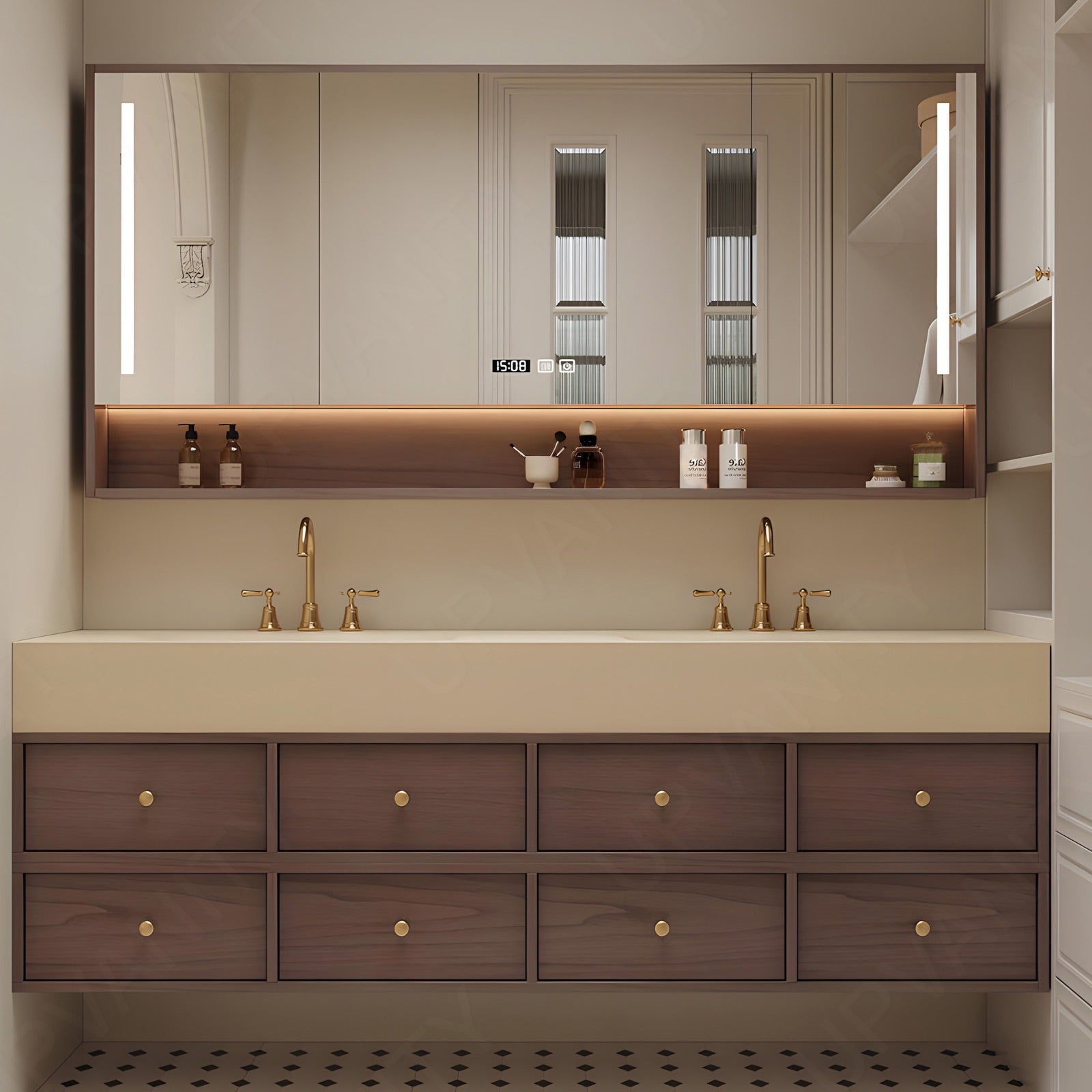 Modern Bath Vanity Set, Brown, Beige Slate Top, 80"-104", Double, Floating, Gold Accents, Smart LED Mirror, Rear Cabinet
