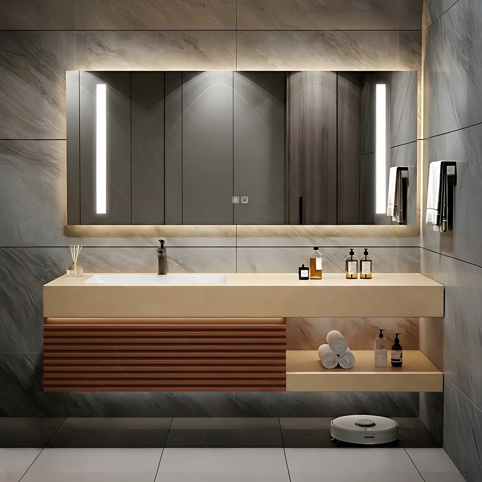 Modern Bath Vanity Set, Brown, Beige Slate Top, Striped Panel, 40"- 72", Single, Floating, Smart LED Mirror, Rear Cabinet