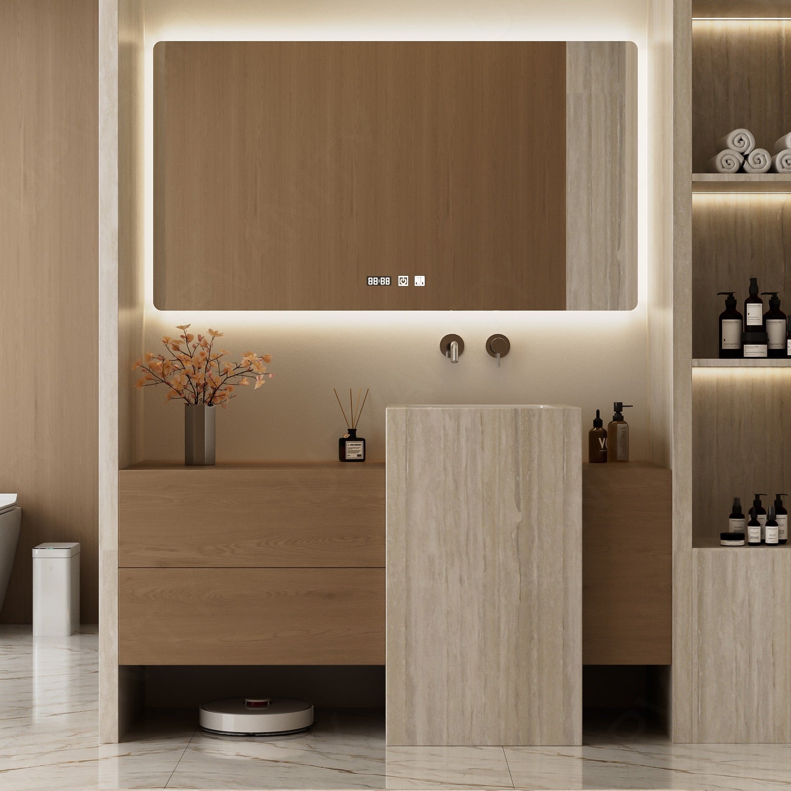 Modern Bath Vanity Set, Brown, Beige Textured Column, 52"- 72", Single, Freestanding, Spacious Storage, Smart LED Mirror