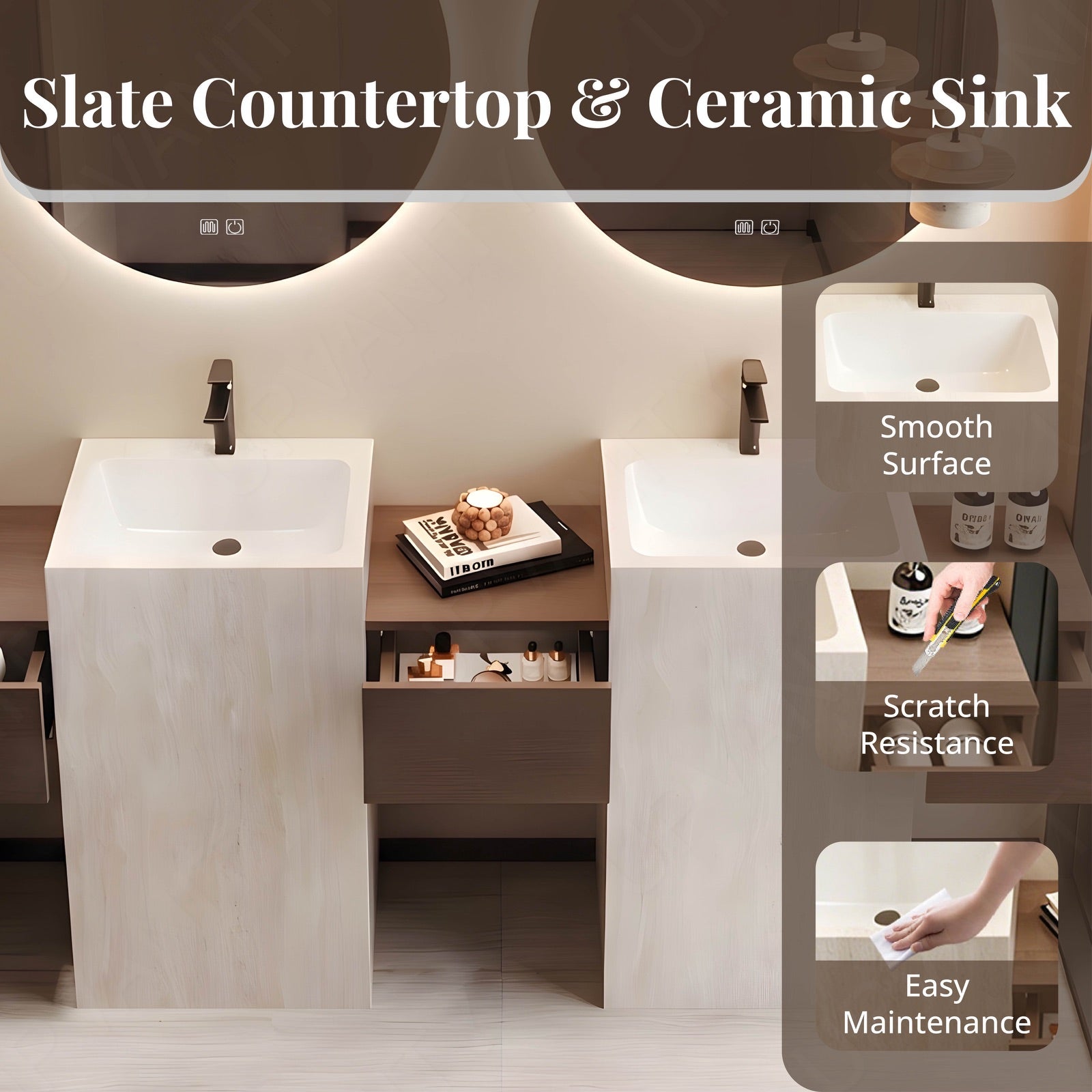 Column Vanity Elegant Bath Vanity Set, Natural Walnut, 56