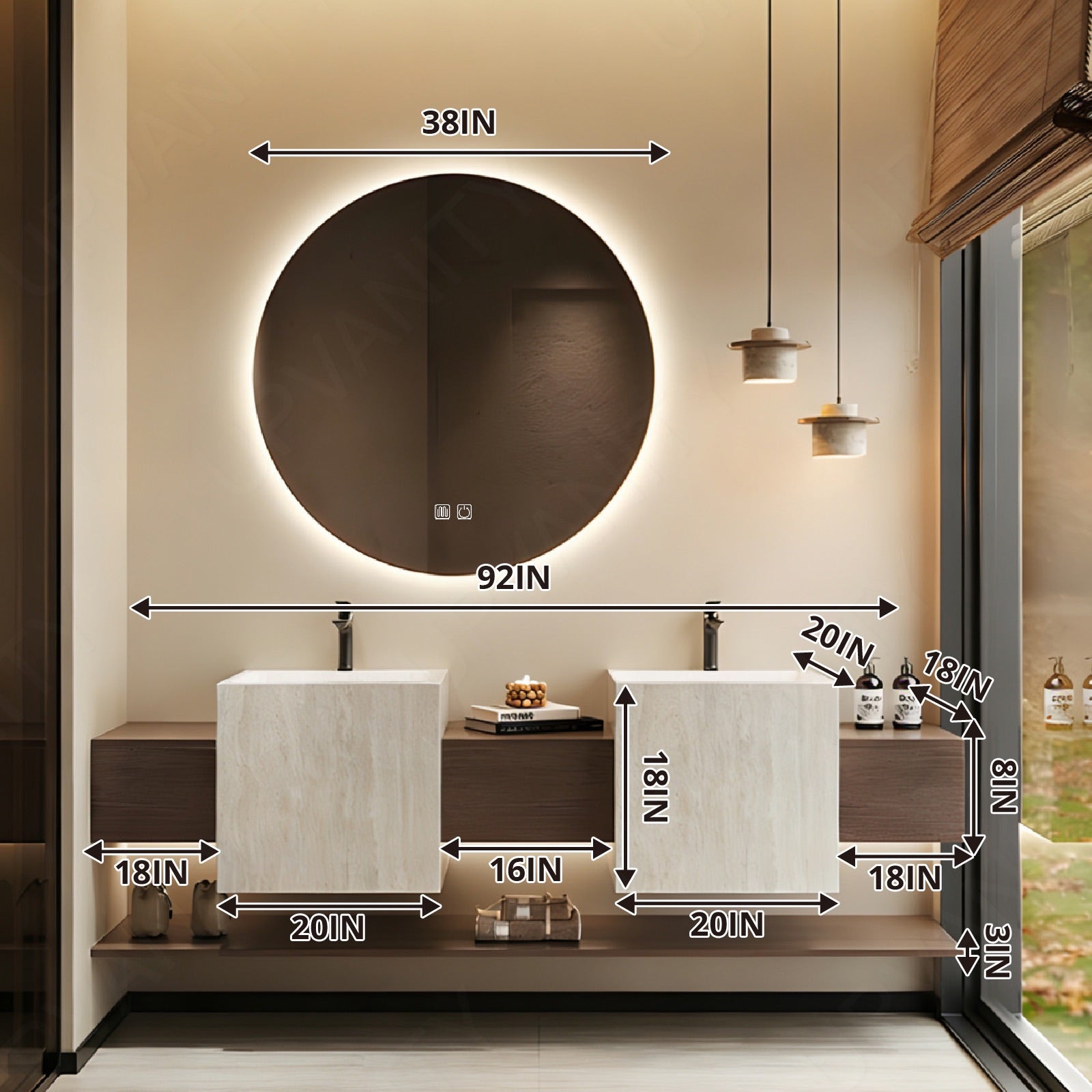 Modern Bath Vanity Set, Brown, Beige Textured Column, 72"- 100", Double, Floating, Open Storage, Round Smart LED Mirror