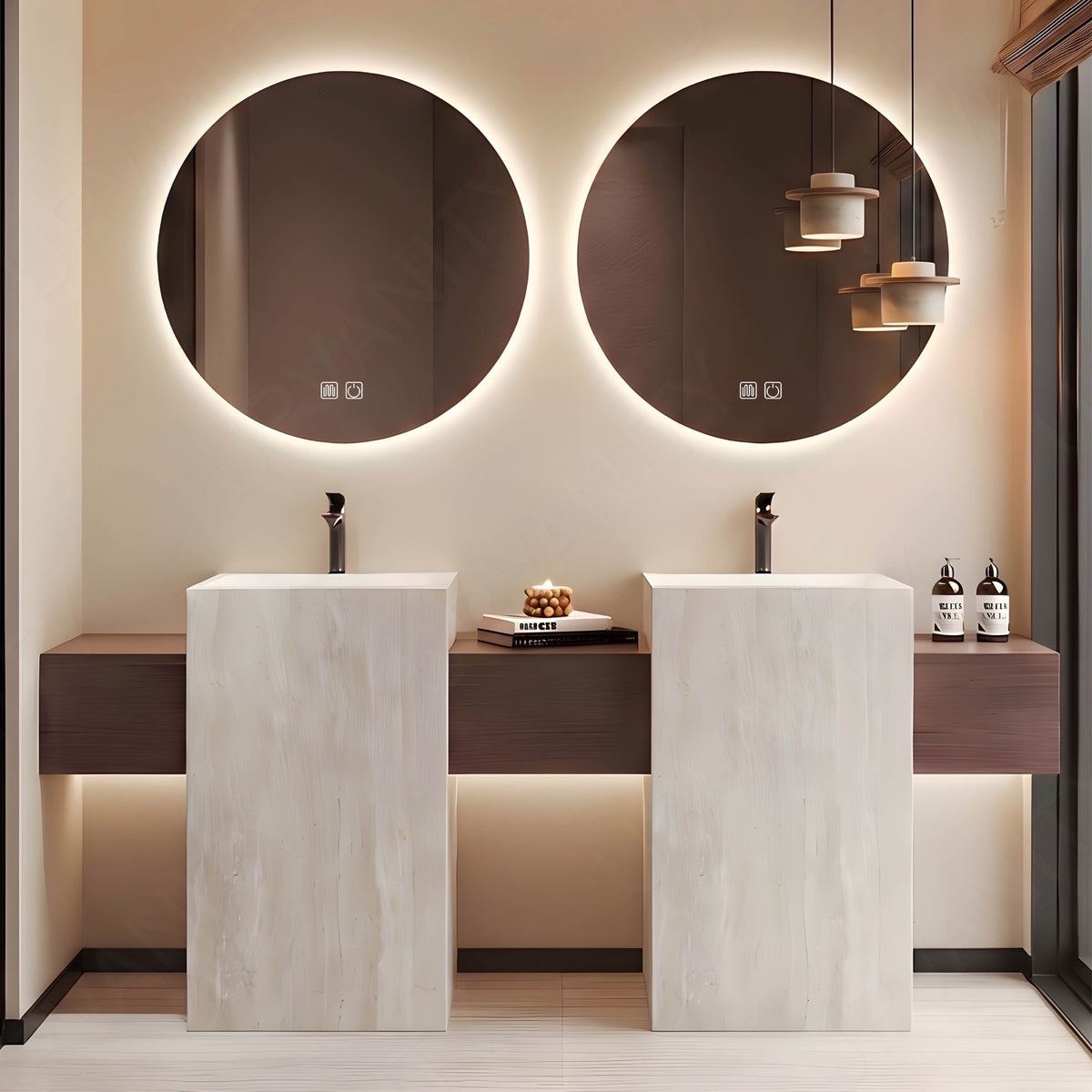 Modern Bath Vanity Set, Brown, Beige Textured Column, 72"- 100", Double, Floating, Open Storage, Round Smart LED Mirror