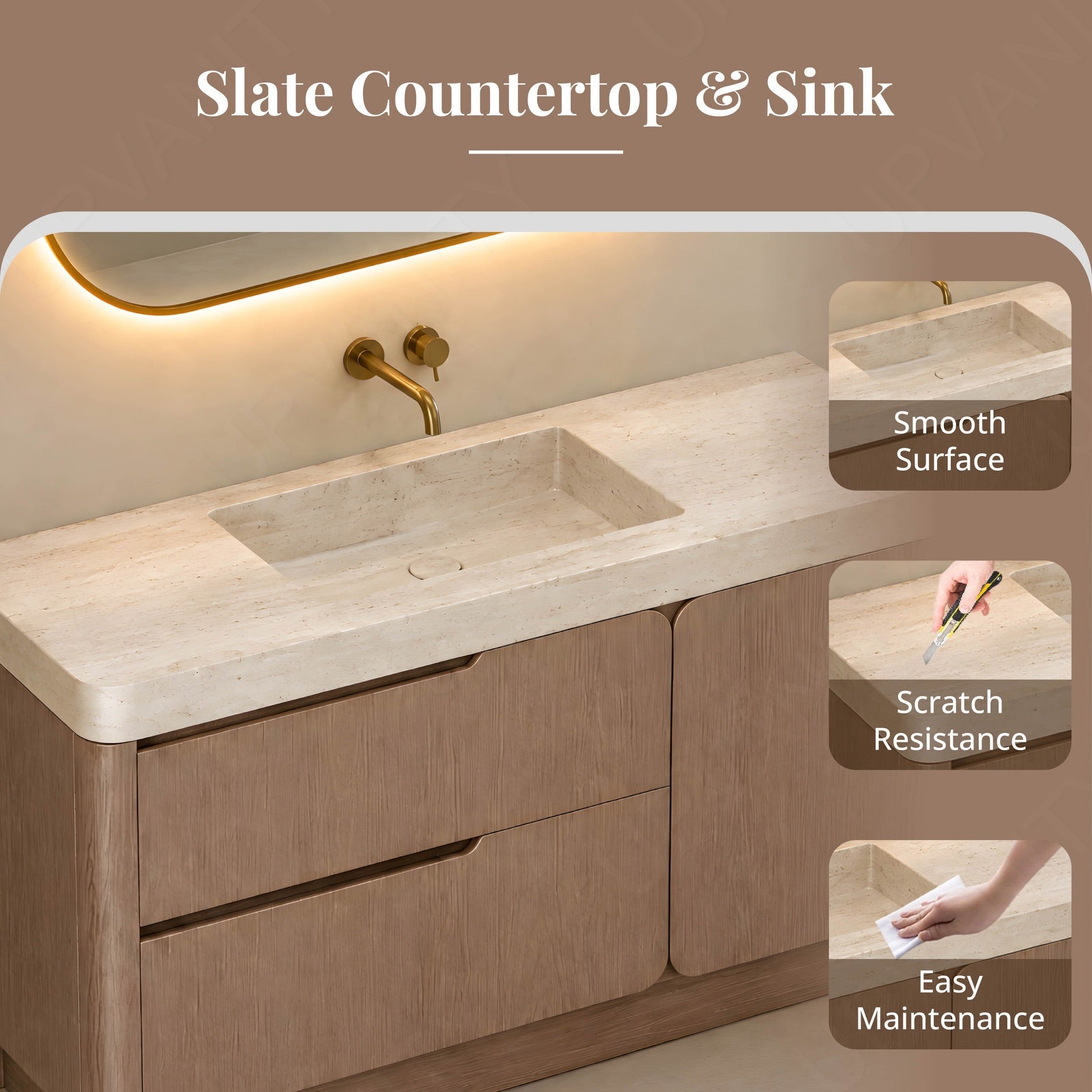Modern Bath Vanity Set, Brown, Beige Travertine Top, 40"-64", Single, Freestanding, Spacious Storage, Smart LED Mirror