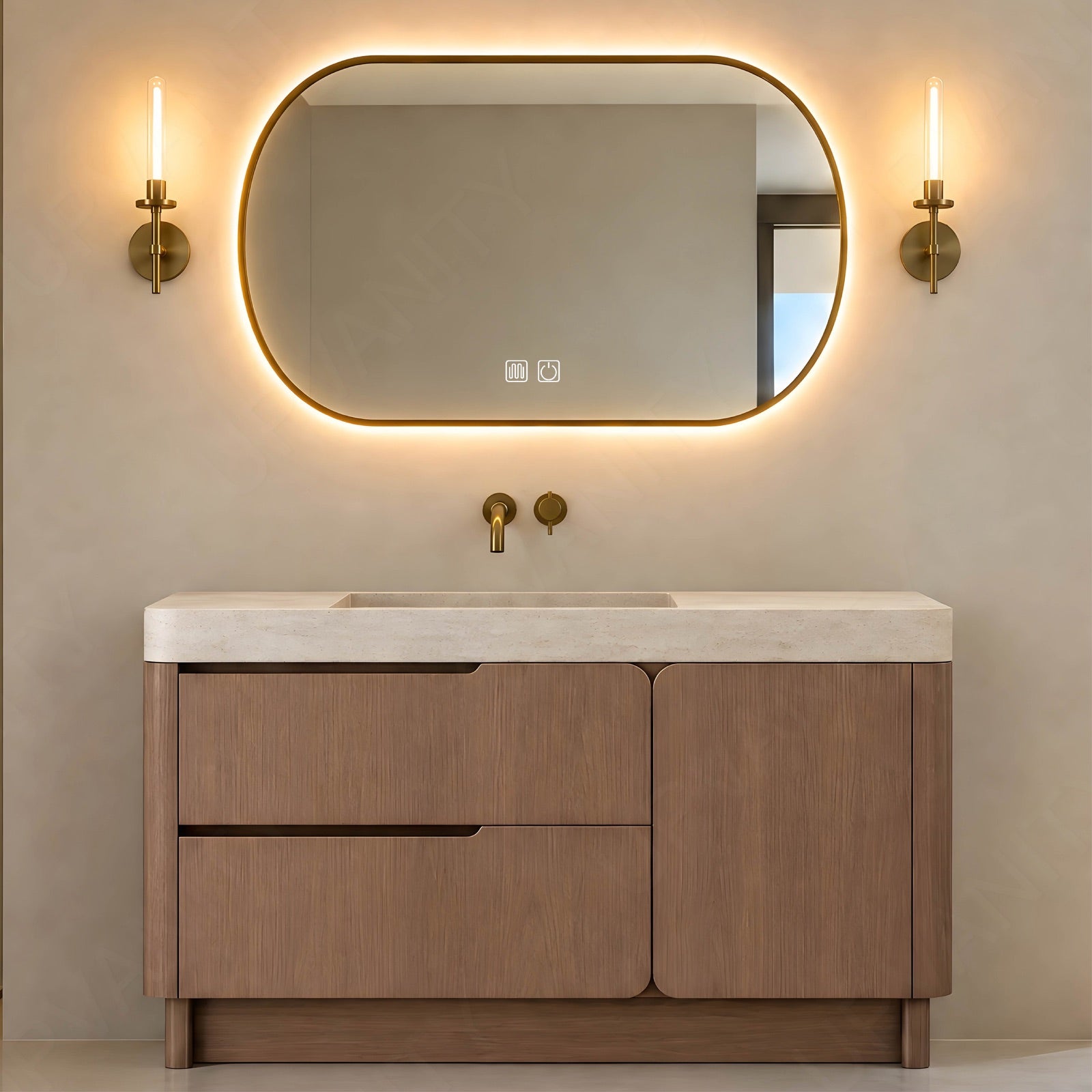 Modern Bath Vanity Set, Brown, Marble Textured Top, 56"-78", Double, Floating, Irregular Smart LED Mirror