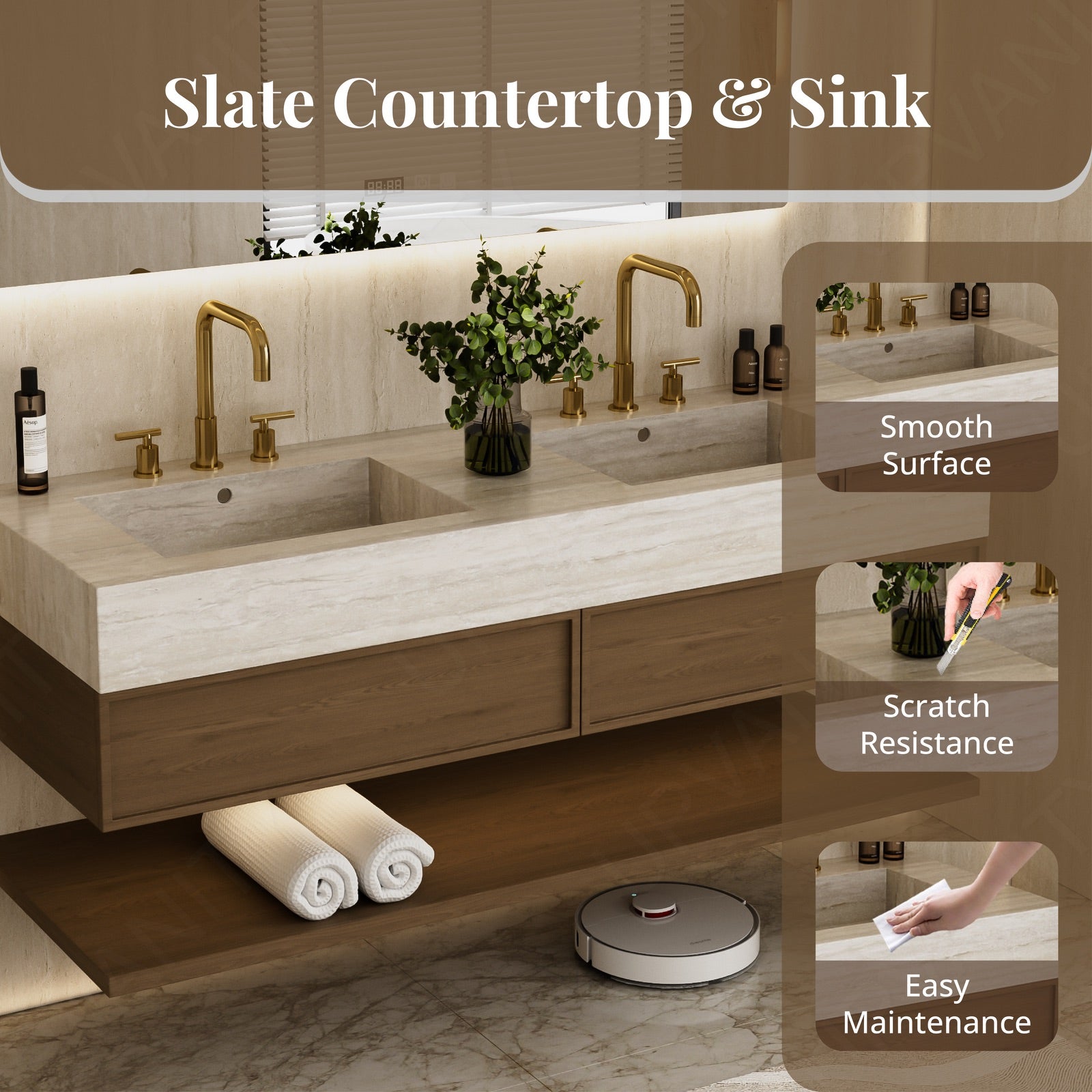 Modern Bath Vanity Set, Brown, Beige Travertine Top, 52 "-78", Double, Floating, Open Storage, Smart LED Mirror